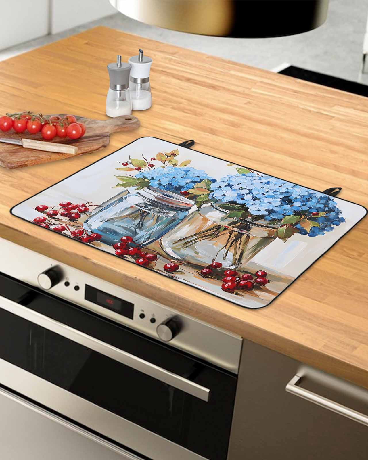nqOlkjepod Large Induction Cooktop Protector Mat 36"x21", Flowers Fruit Stove Top Covers for Electric Stove, Blue Hydrangeas Vintage Farm Leaves Stove Burner Cover Mats, Glass Top Stove Cover