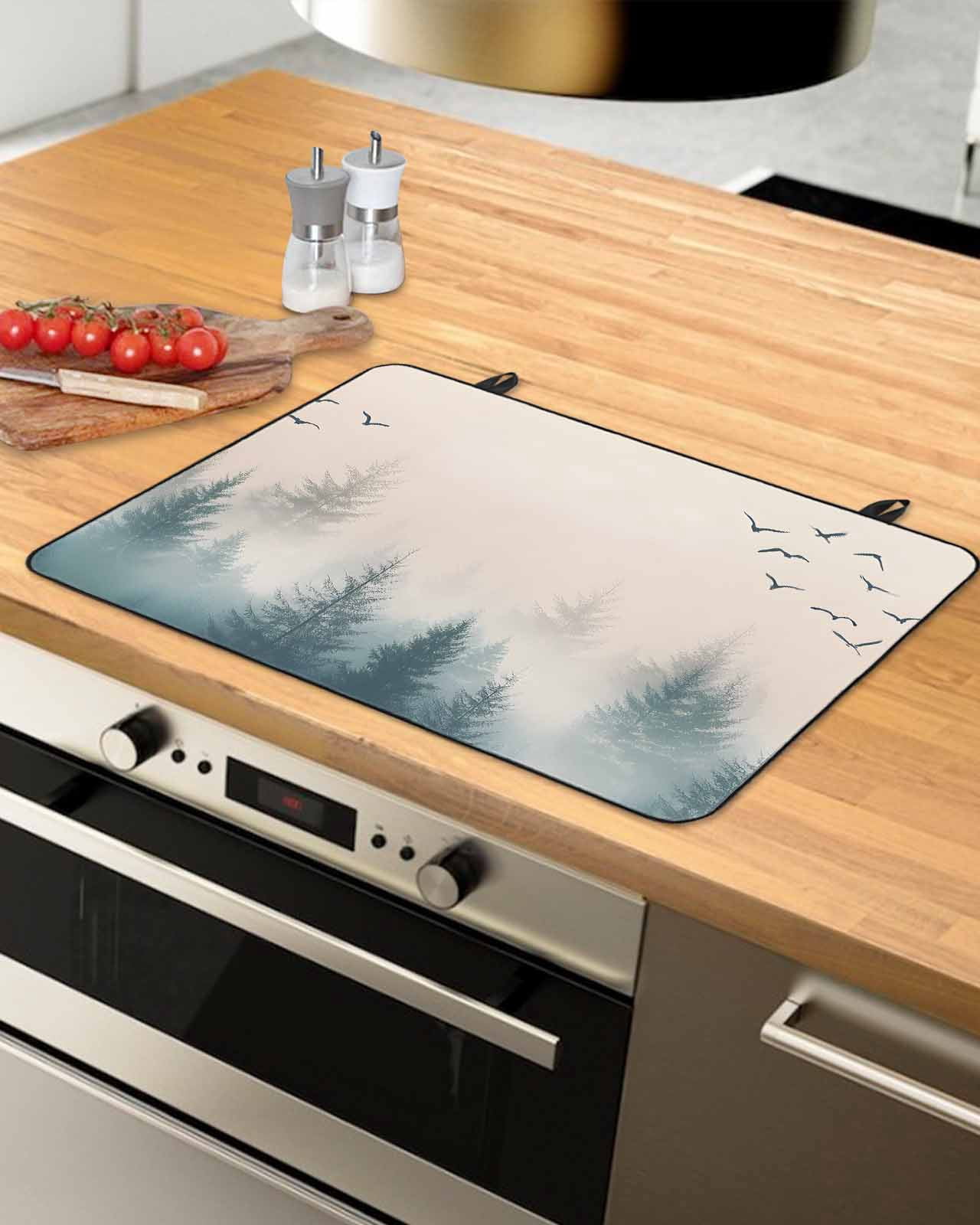 nqOlkjepod Large Induction Cooktop Protector Mat 36"x21", Foggy Forest Stove Top Covers for Electric Stove, Watercolor Pine Trees Natural Landscape Stove Burner Cover Mats, Glass Top Stove Cover