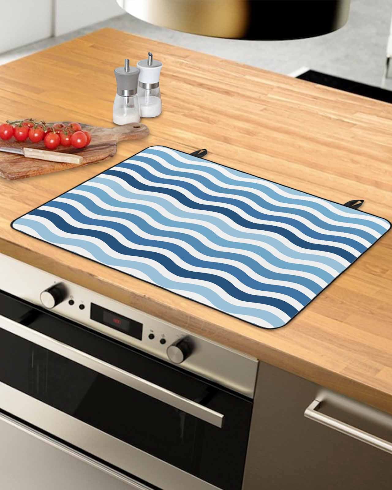 nqOlkjepod Large Induction Cooktop Protector Mat 36"x21", Geometric Blue Ombre Stove Top Covers for Electric Stove, Modern Gradient White Ocean Striped Stove Burner Cover Mats, Glass Top Stove Cover