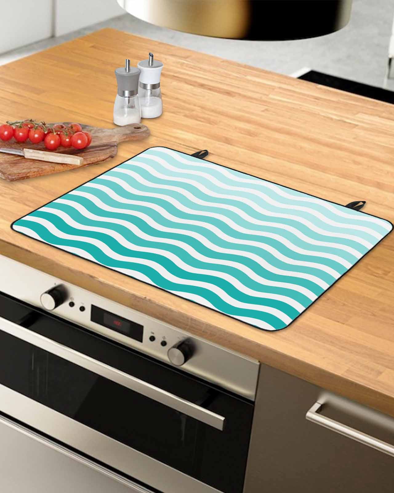 nqOlkjepod Large Induction Cooktop Protector Mat 36"x21", Geometric Turquoise Ombre Stove Top Covers for Electric Stove, Modern Gradient White Ocean Striped Stove Burner Cover Mats Stove Cover
