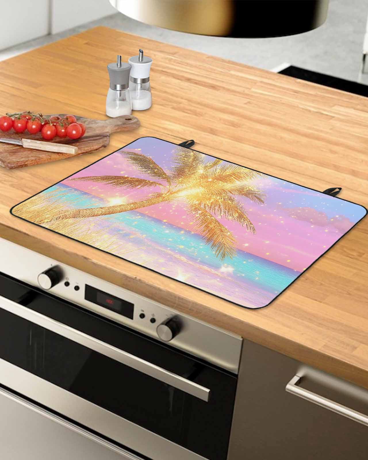 nqOlkjepod Large Induction Cooktop Protector Mat 36"x21", Golden Palm Tree Stove Top Covers for Electric Stove, Rainbow Beach Seaside Decorative Stove Burner Cover Mats, Glass Top Stove Cover