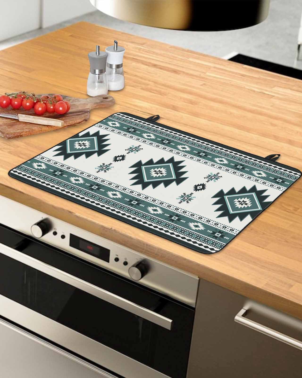 nqOlkjepod Large Induction Cooktop Protector Mat 36"x21", Green Boho Stove Top Covers for Electric Stove, Ethnic Tribal Aztec Abstract Geometric Motifs Stove Burner Cover Mats, Glass Top Stove Cover