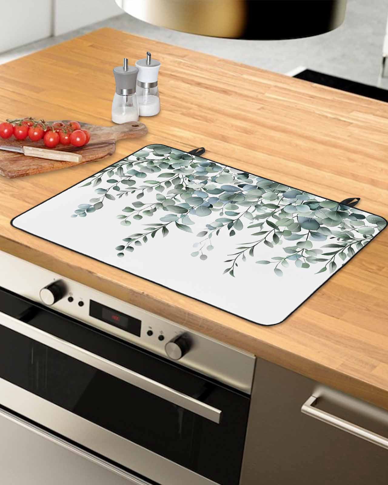 nqOlkjepod Large Induction Cooktop Protector Mat 36"x21", Green Eucalyptus Leaves Stove Top Covers for Electric Stove, Summer Botanical Watercolor Stove Burner Cover Mats, Glass Top Stove Cover