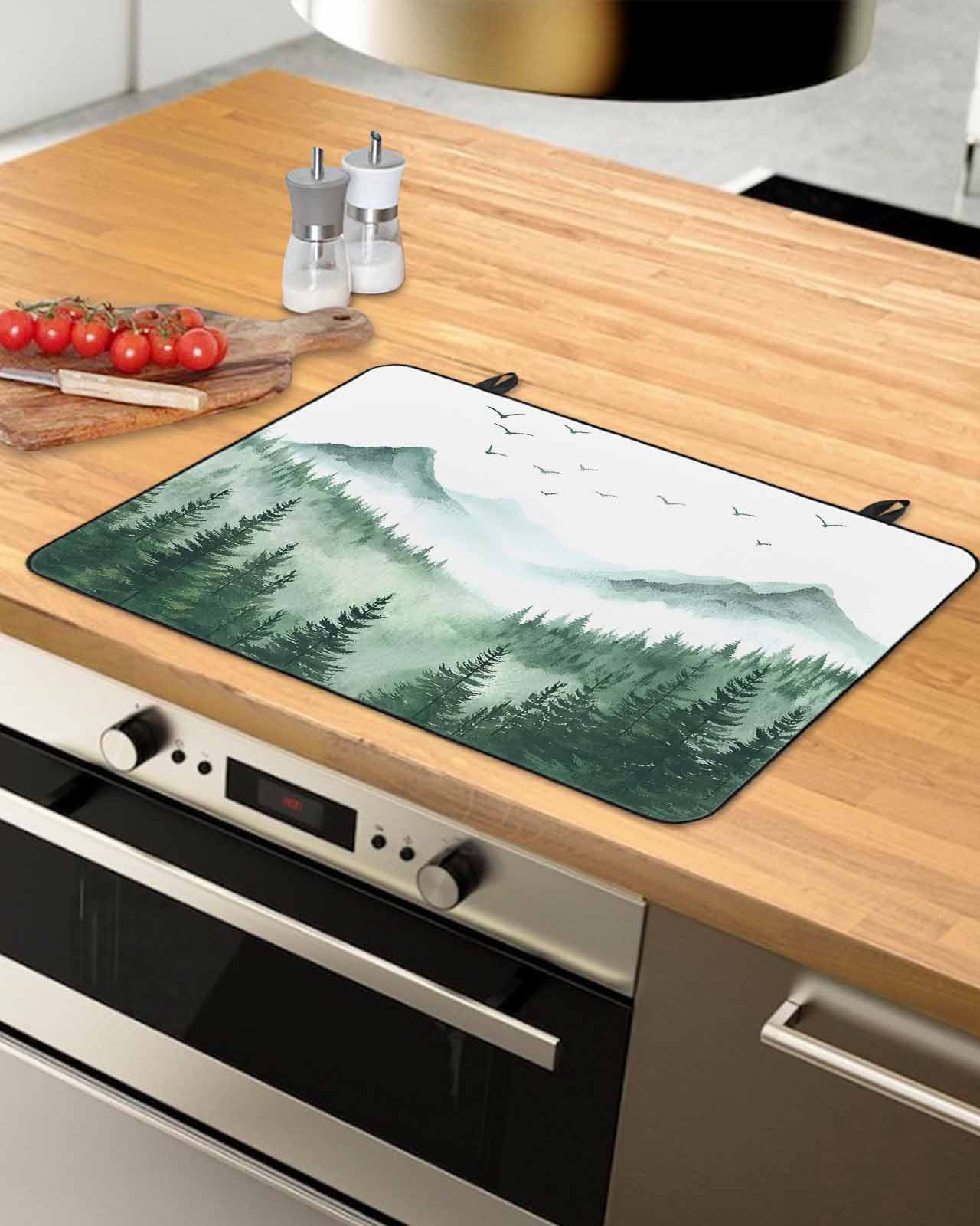 nqOlkjepod Large Induction Cooktop Protector Mat 36"x21", Green Foggy Forest Stove Top Covers for Electric Stove, Mist Mountain Trees Nature Scenery Stove Burner Cover Mats, Glass Top Stove Cover