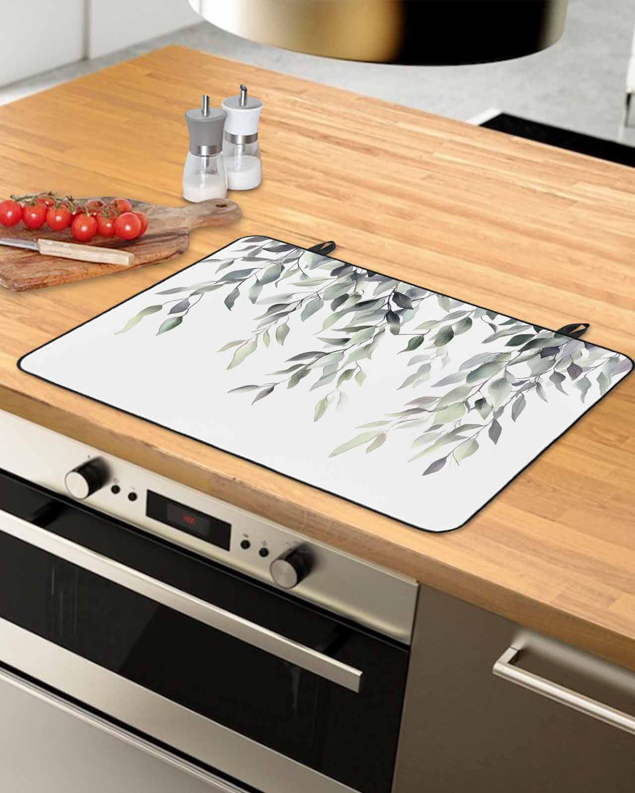 nqOlkjepod Large Induction Cooktop Protector Mat 36"x21", Green Gray Leaves Stove Top Covers for Electric Stove, Vintage Rustic Botanical Vines Branches Stove Burner Cover Mats Stove Cover