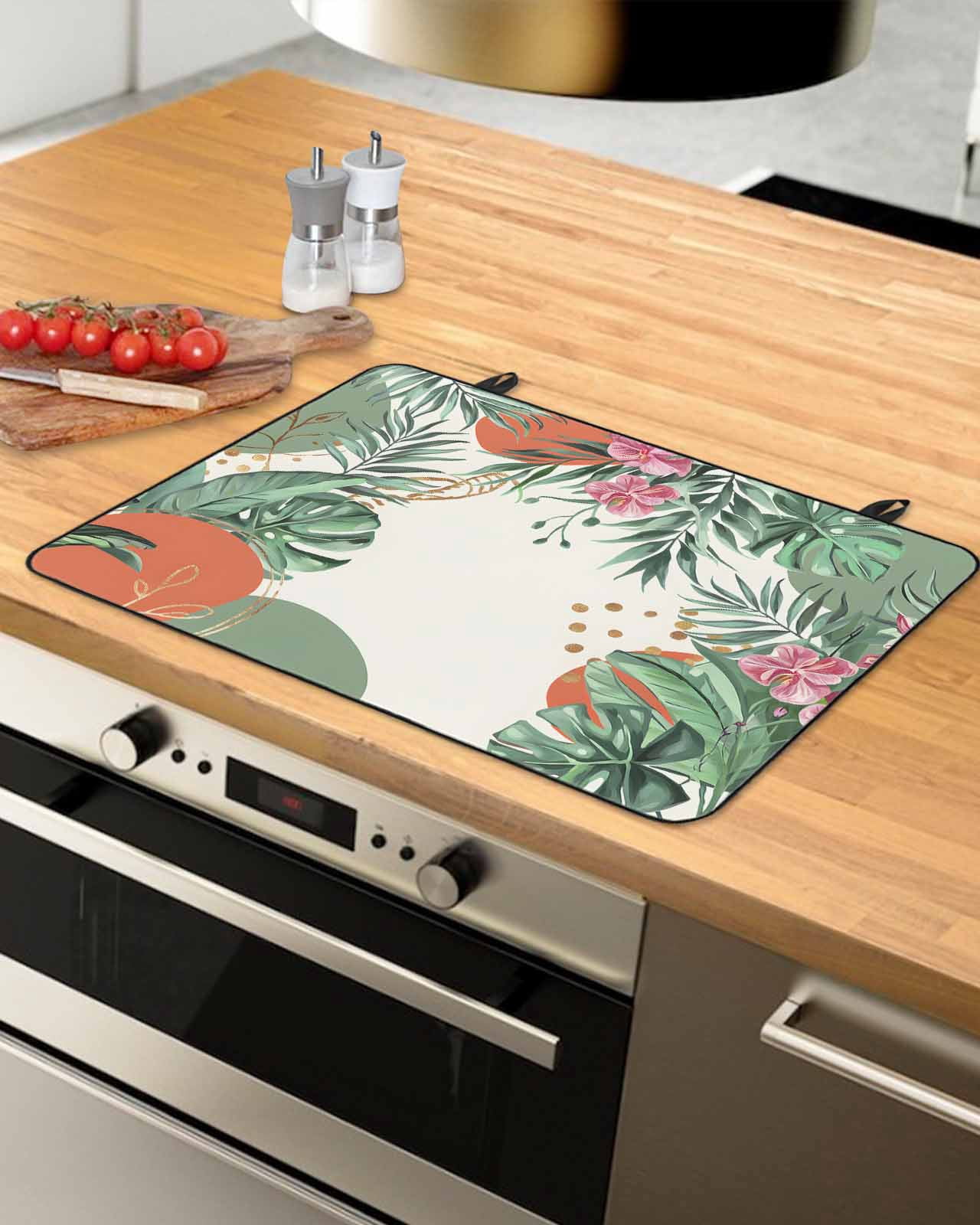 nqOlkjepod Large Induction Cooktop Protector Mat 36"x21", Green Leaves Stove Top Covers for Electric Stove, Summer Botanical Watercolor Abstract Art Stove Burner Cover Mats, Glass Top Stove Cover