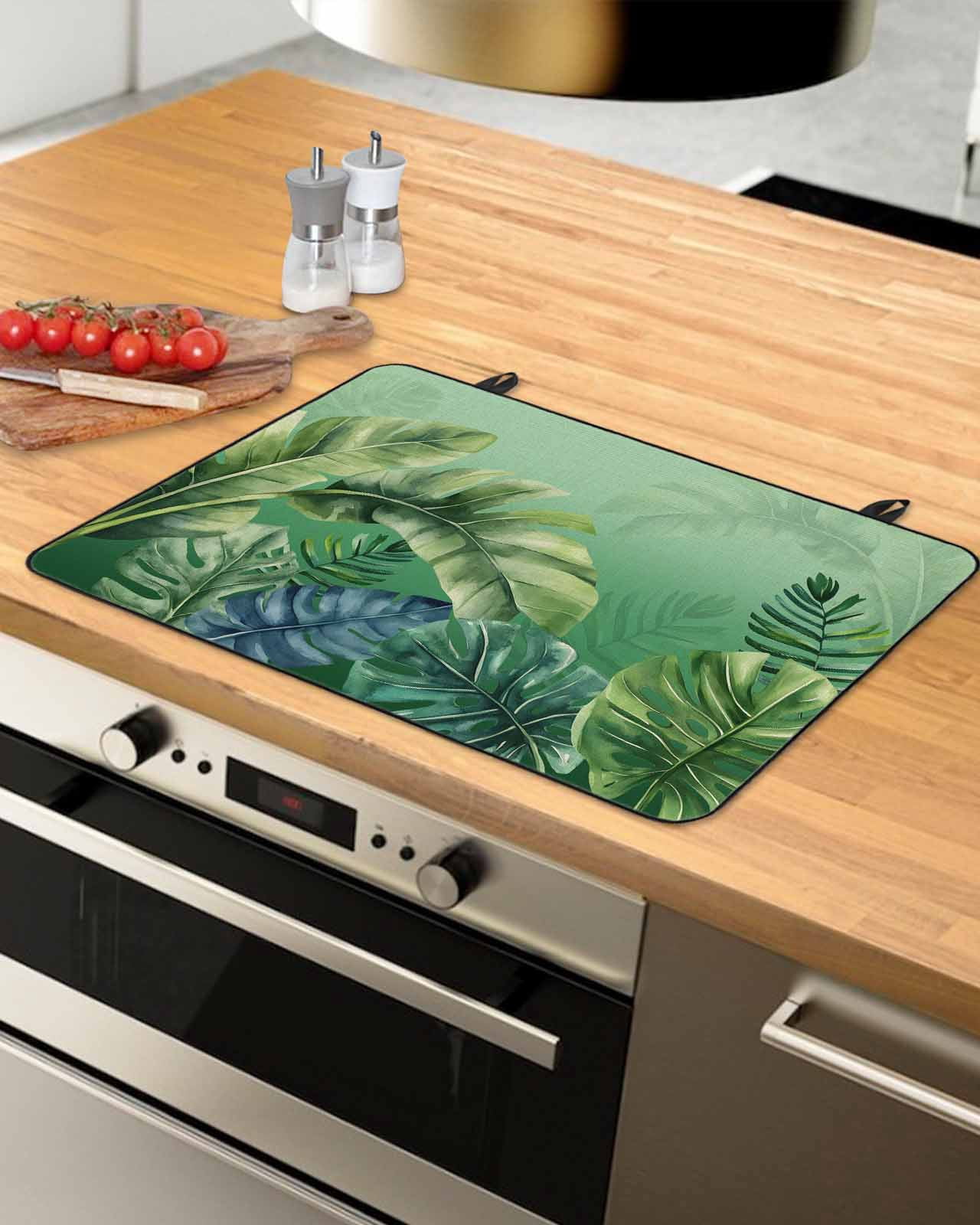nqOlkjepod Large Induction Cooktop Protector Mat 36"x21", Green Leaves Stove Top Covers for Electric Stove, Watercolor Farmhouse Tropical Plants Stove Burner Cover Mats, Glass Top Stove Cover