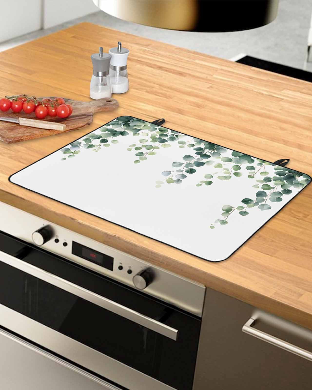 nqOlkjepod Large Induction Cooktop Protector Mat 36"x21", Green Leaves Stove Top Covers for Electric Stove, Watercolor Spring Eucalyptus Branches Stove Burner Cover Mats, Glass Top Stove Cover