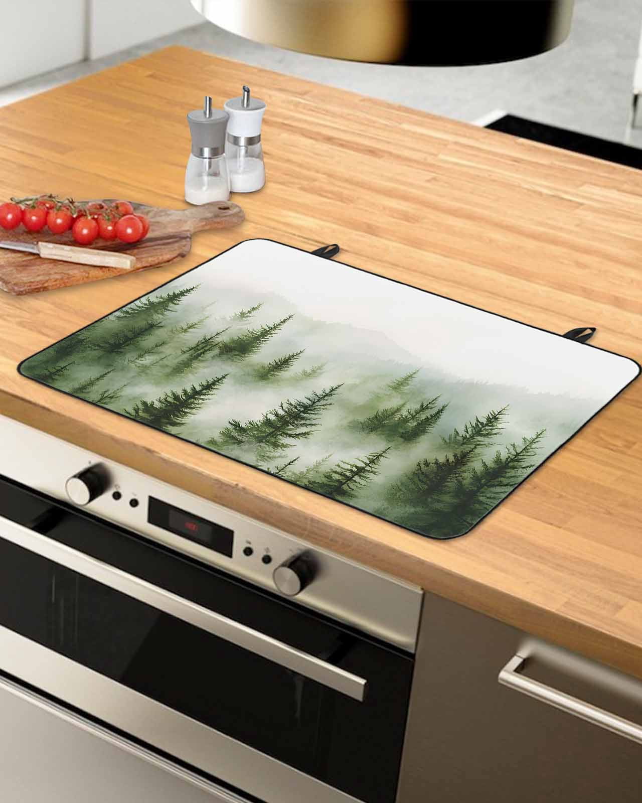nqOlkjepod Large Induction Cooktop Protector Mat 36"x21", Green Mist Forest Stove Top Covers for Electric Stove, Foggy Mountain Tree Nature Landscape Stove Burner Cover Mats, Glass Top Stove Cover