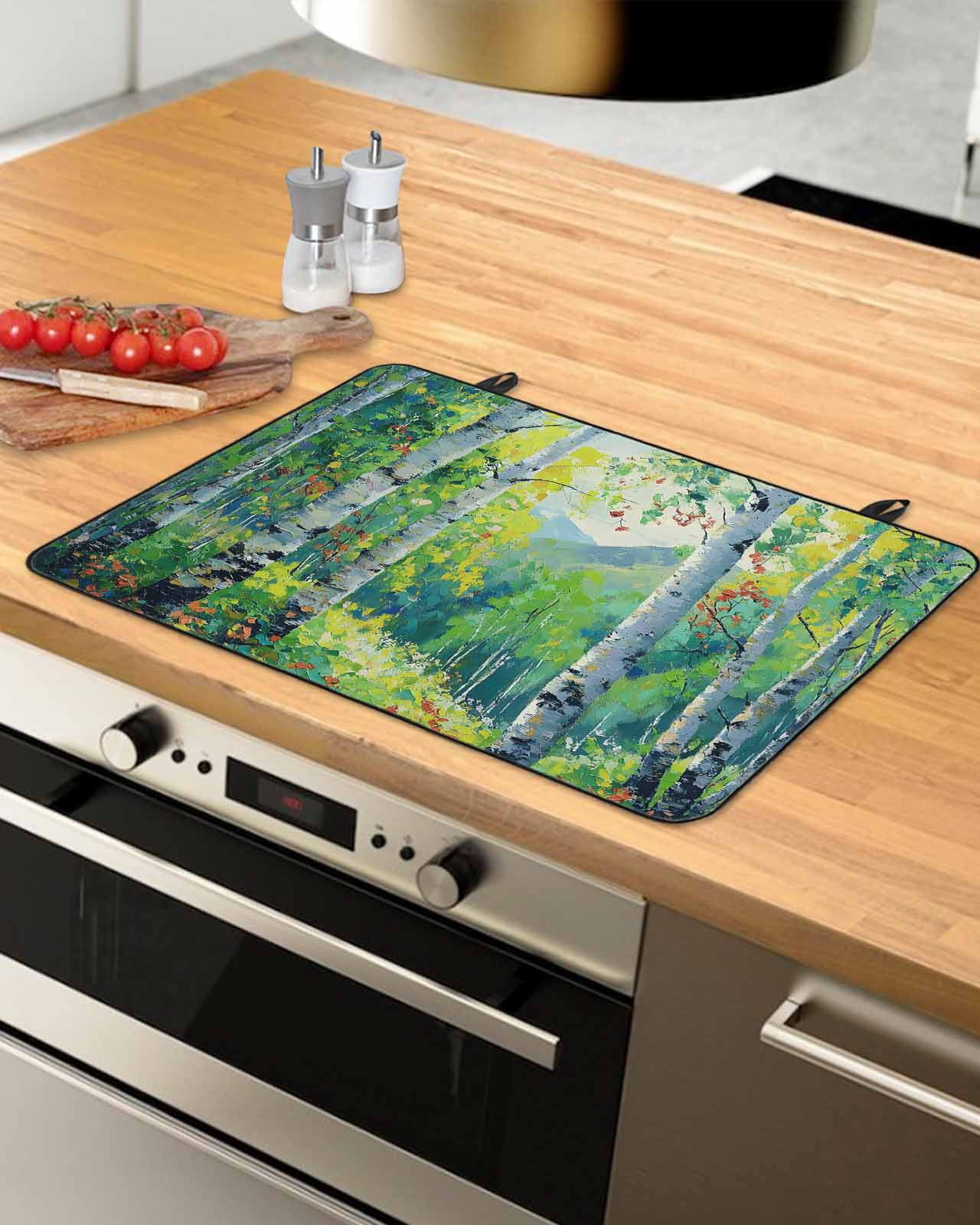 nqOlkjepod Large Induction Cooktop Protector Mat 36"x21", Green Oil Painting Stove Top Covers for Electric Stove, Modern Abstract Art Summer Tree Stove Burner Cover Mats, Glass Top Stove Cover