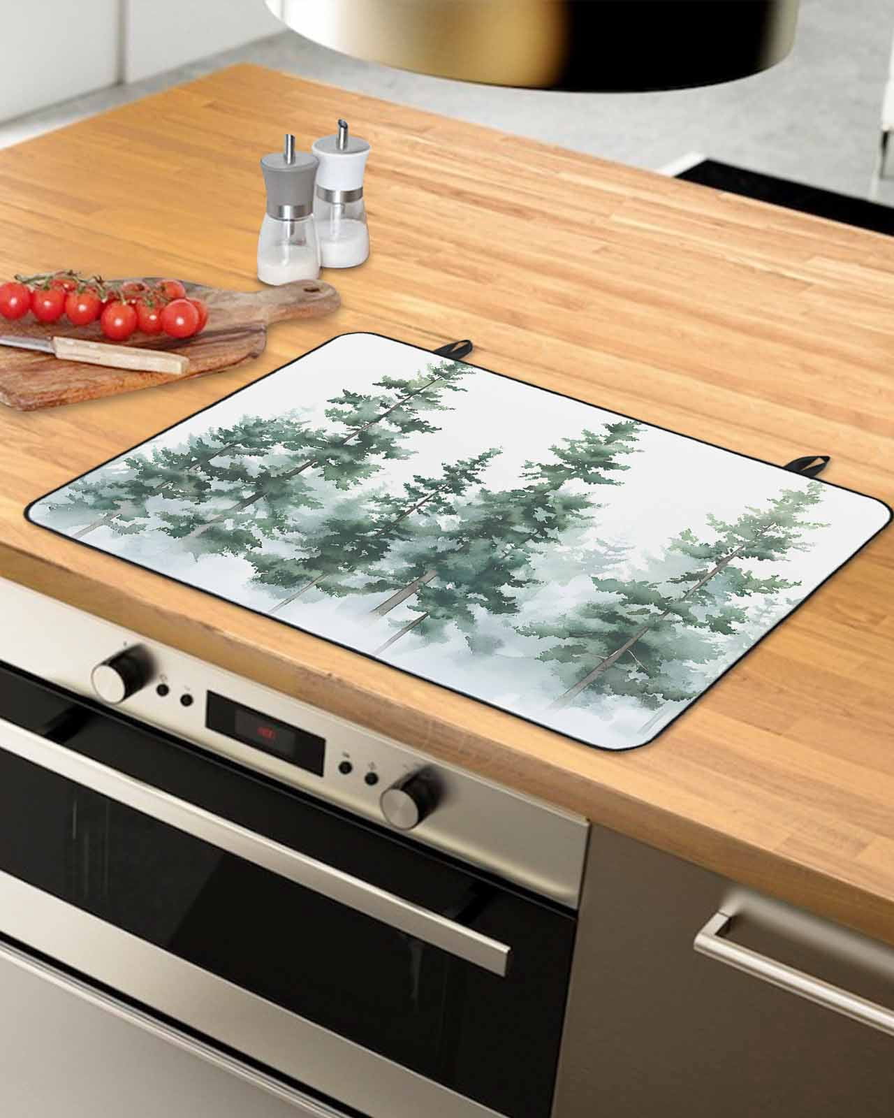 nqOlkjepod Large Induction Cooktop Protector Mat 36"x21", Green Ombre Forest Stove Top Covers for Electric Stove, Watercolor Trees Sage Green Stove Burner Cover Mats, Glass Top Stove Cover