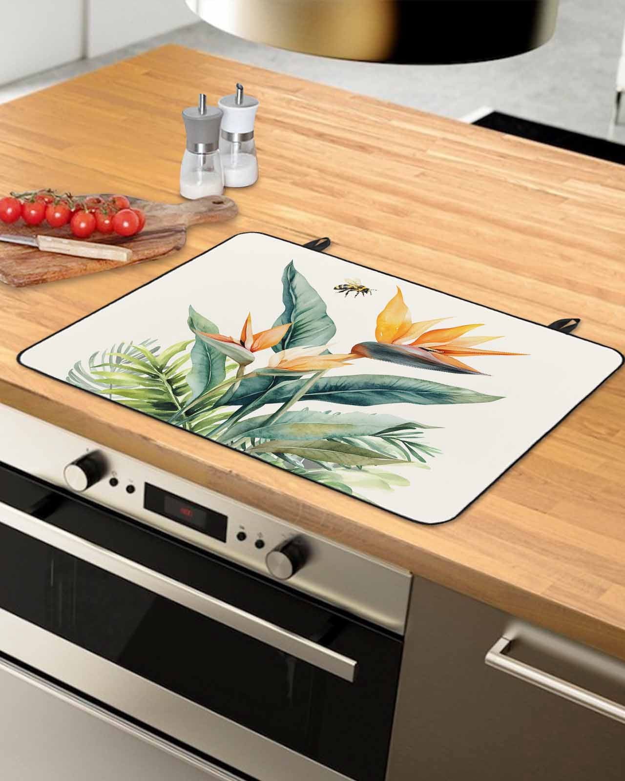 nqOlkjepod Large Induction Cooktop Protector Mat 36"x21", Green Palm Leaf Stove Top Covers for Electric Stove, Summer Bee Tropical Plant Pastoral Stove Burner Cover Mats, Glass Top Stove Cover