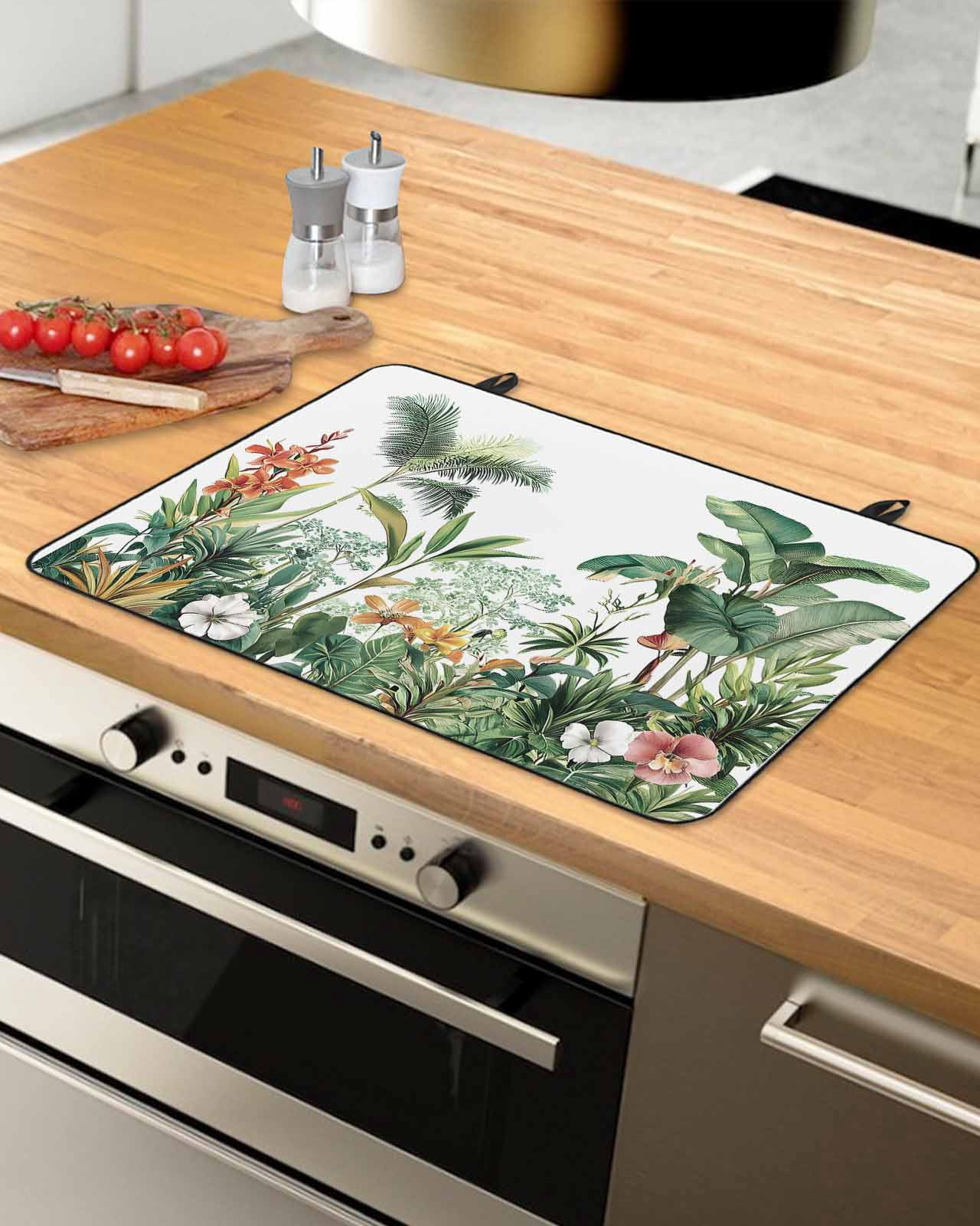 nqOlkjepod Large Induction Cooktop Protector Mat 36"x21", Green Tropical Leaves Stove Top Covers for Electric Stove, Summer Floral Vintage Decorative Stove Burner Cover Mats, Glass Top Stove Cover