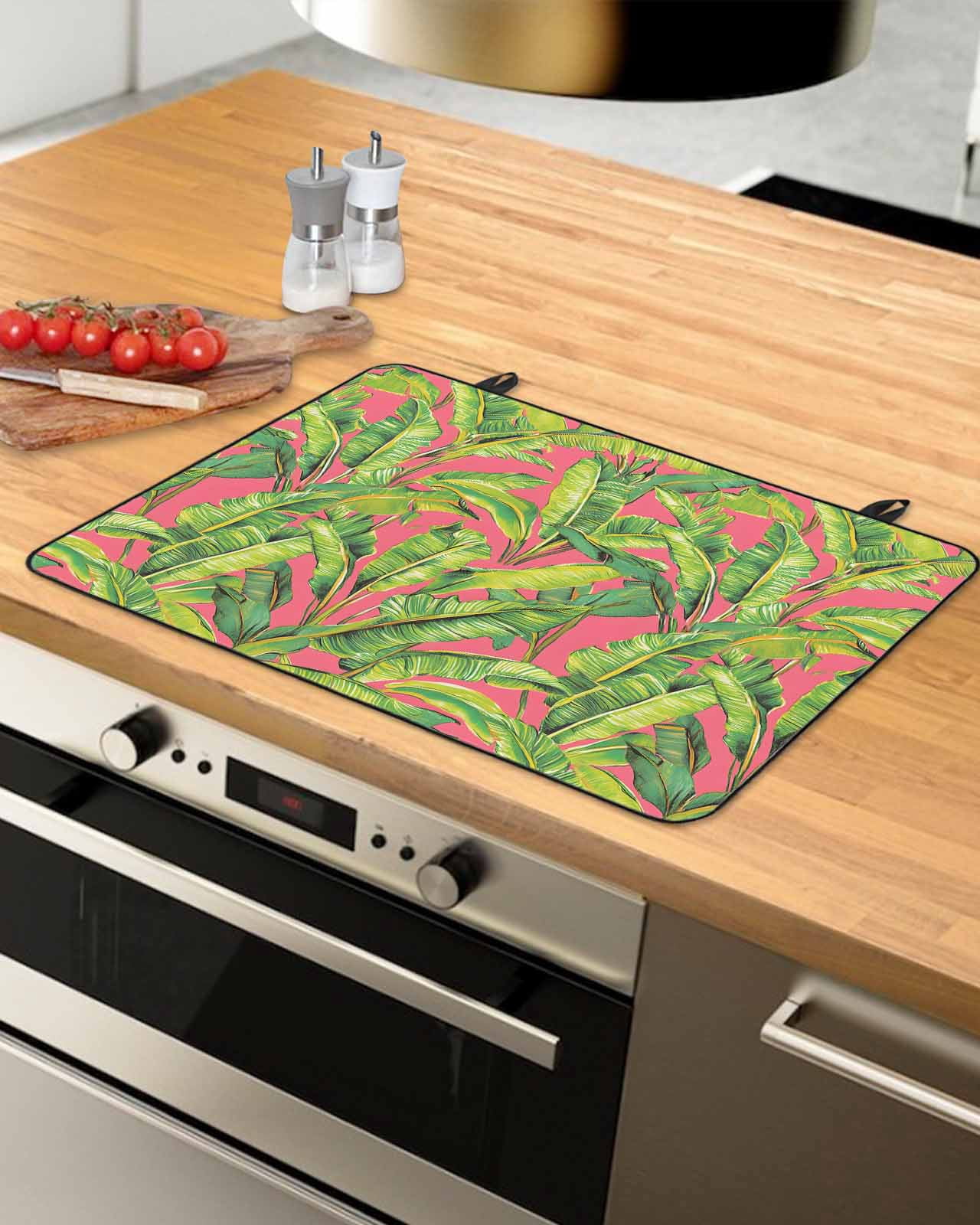 nqOlkjepod Large Induction Cooktop Protector Mat 36"x21", Green Tropical Leaves Stove Top Covers for Electric Stove, Summer Palm Botanical Pink Stove Burner Cover Mats, Glass Top Stove Cover