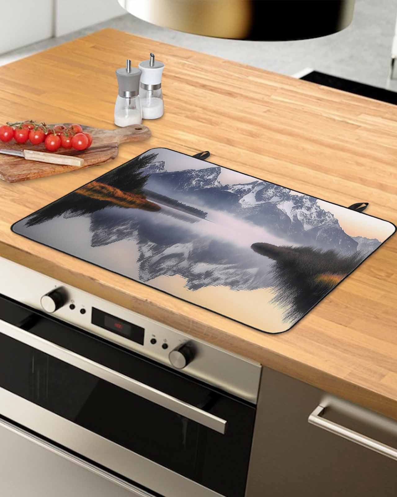 nqOlkjepod Large Induction Cooktop Protector Mat 36"x21", Grey Mountain Stove Top Covers for Electric Stove, Forest Modern Art Farmhouse Decorative Stove Burner Cover Mats, Glass Top Stove Cover
