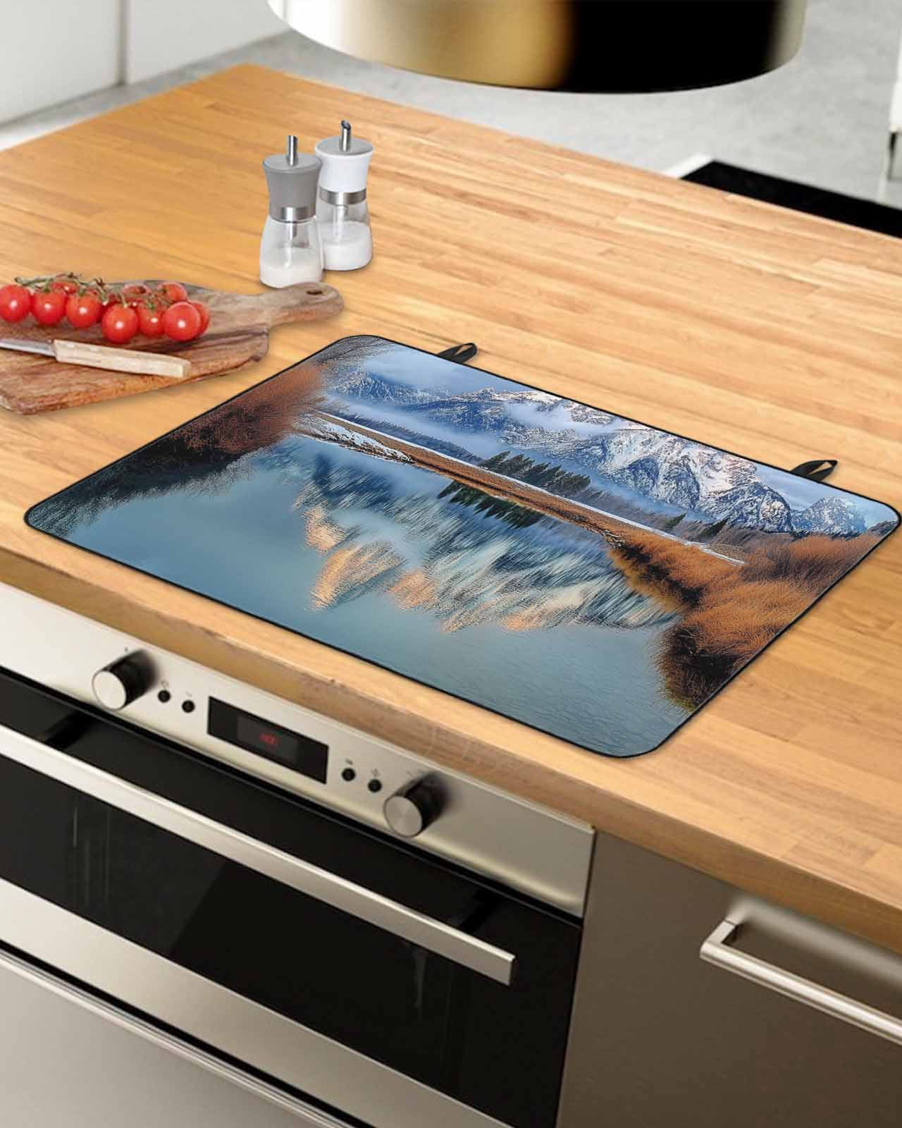 nqOlkjepod Large Induction Cooktop Protector Mat 36"x21", Grey Mountain Stove Top Covers for Electric Stove, Modern Art Forest Lake Decorative Stove Burner Cover Mats, Glass Top Stove Cover