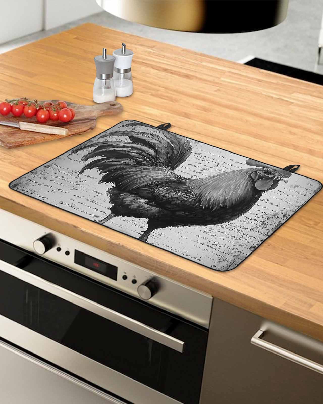 nqOlkjepod Large Induction Cooktop Protector Mat 36"x21", Grey Retro Rooster Stove Top Covers for Electric Stove, Farmhouse Vintage Country Animal Stove Burner Cover Mats, Glass Top Stove Cover
