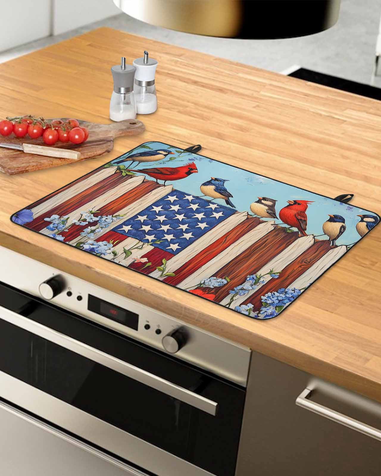 nqOlkjepod Large Induction Cooktop Protector Mat 36"x21", Independence Day Stove Top Covers for Electric Stove, 4th of July Bird USA Flag Flower Bird Stove Burner Cover Mats, Glass Top Stove Cover