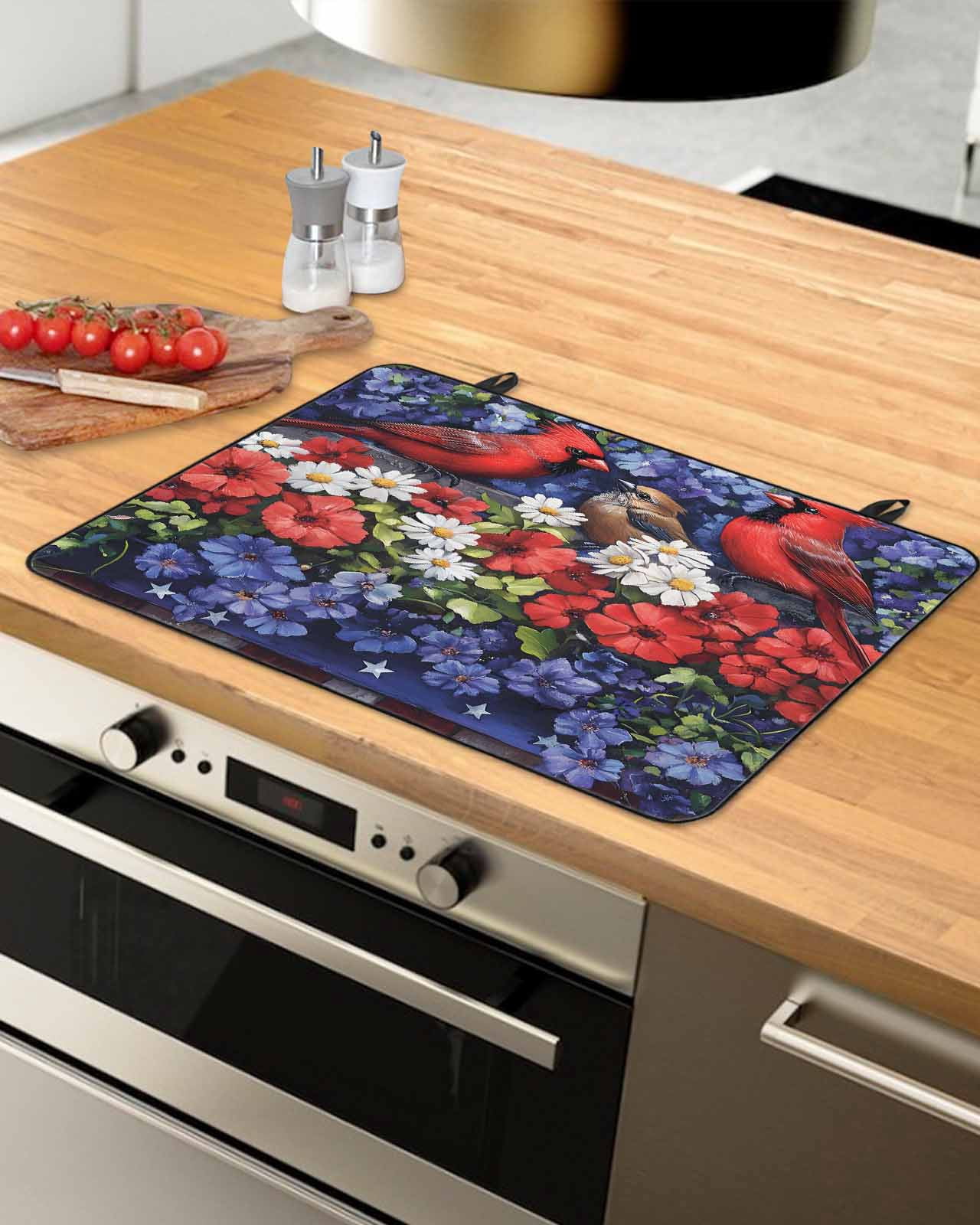 nqOlkjepod Large Induction Cooktop Protector Mat 36"x21", Independence Day Stove Top Covers for Electric Stove, 4th of July Red Blue Poppy Flower Stove Burner Cover Mats, Glass Top Stove Cover