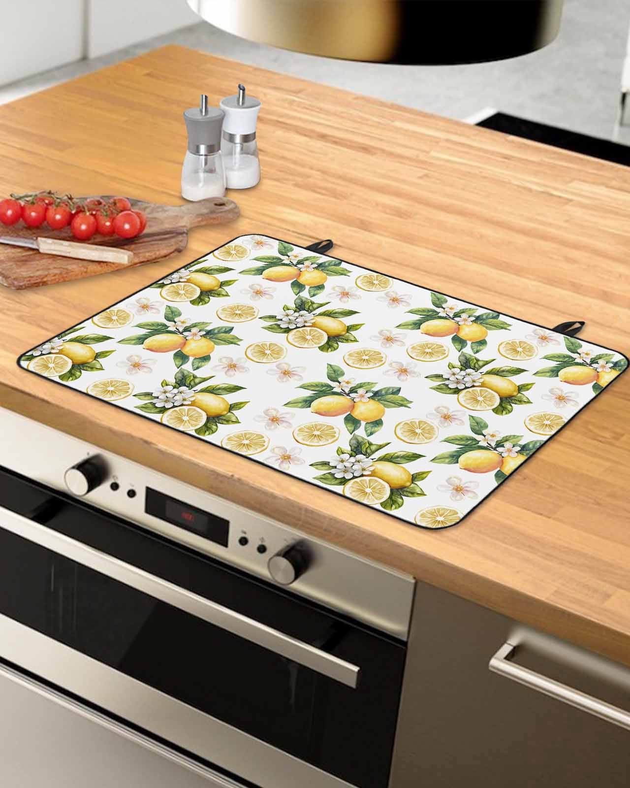 nqOlkjepod Large Induction Cooktop Protector Mat 36"x21", Lemon Flowers Stove Top Covers for Electric Stove, Country Floral Summer Lemon Fruit Stove Burner Cover Mats, Glass Top Stove Cover