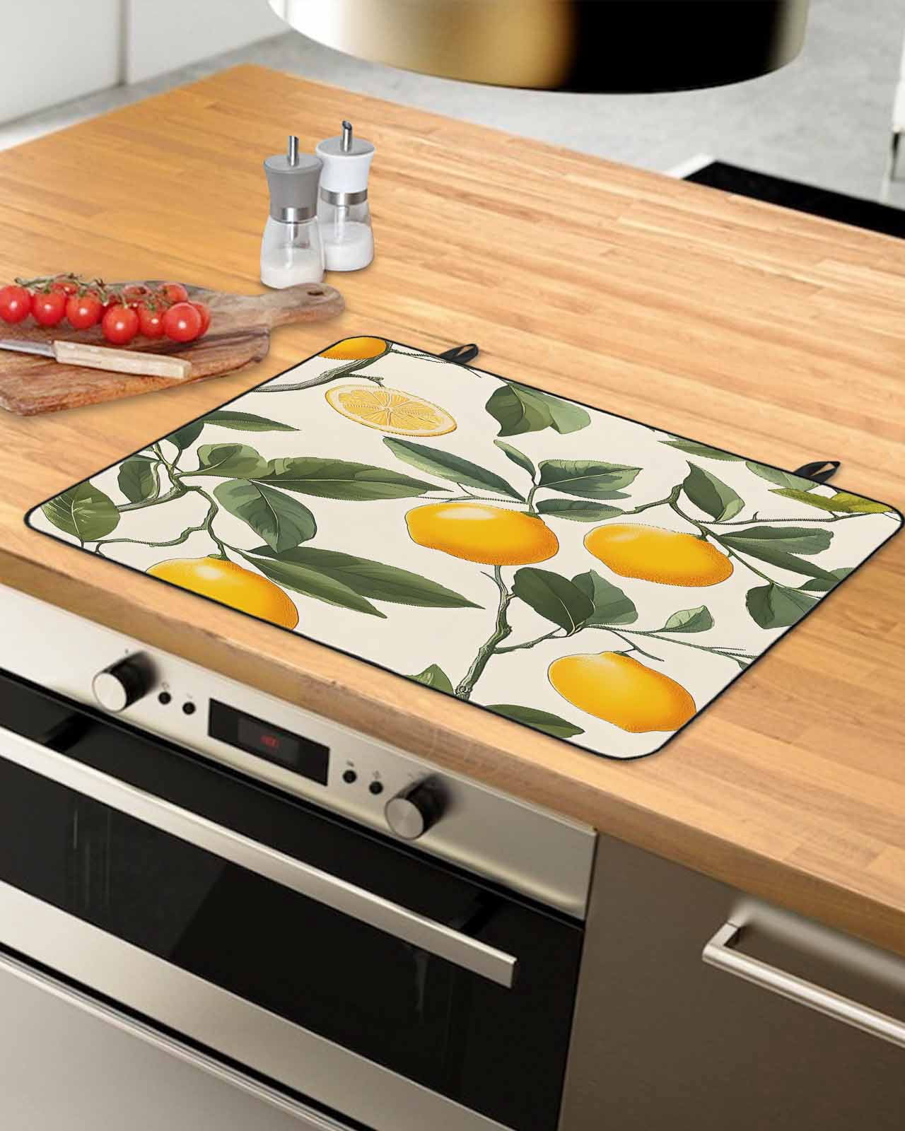 nqOlkjepod Large Induction Cooktop Protector Mat 36"x21", Lemon Leaves Stove Top Covers for Electric Stove, Summer Fruit Country Nature Watercolor Stove Burner Cover Mats, Glass Top Stove Cover
