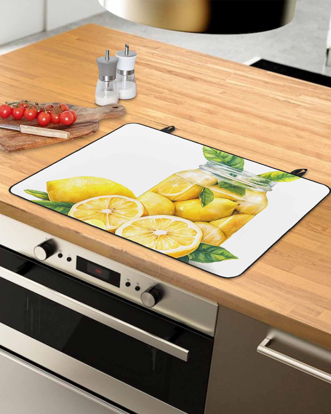 nqOlkjepod Large Induction Cooktop Protector Mat 36"x21", Lemon Stove Top Covers for Electric Stove, Country Bottle Fruit Yellow Summer Watercolor Stove Burner Cover Mats, Glass Top Stove Cover