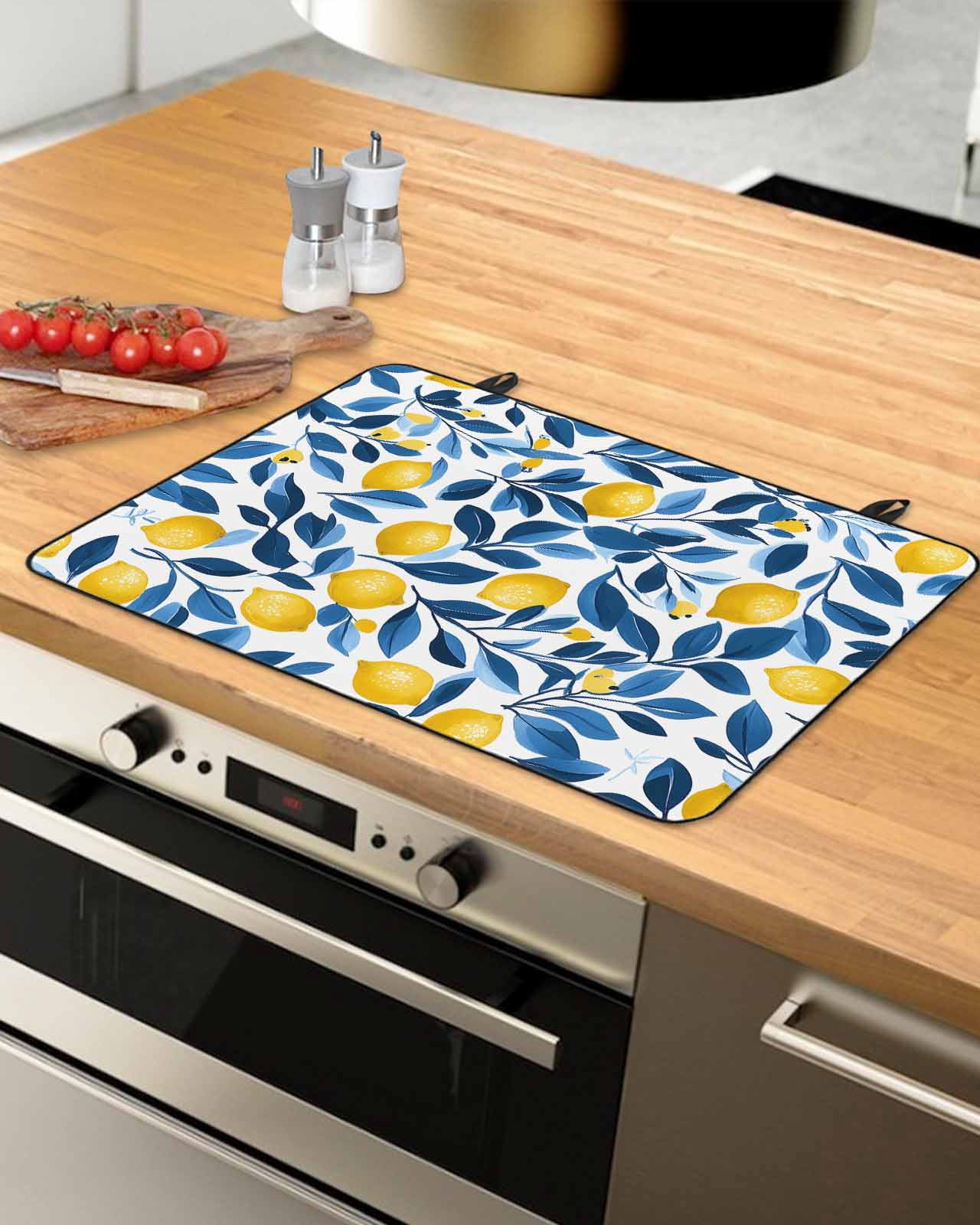 nqOlkjepod Large Induction Cooktop Protector Mat 36"x21", Lemon Stove Top Covers for Electric Stove, Summer Fruit Spring Leaf Watercolor Pastoral Stove Burner Cover Mats, Glass Top Stove Cover