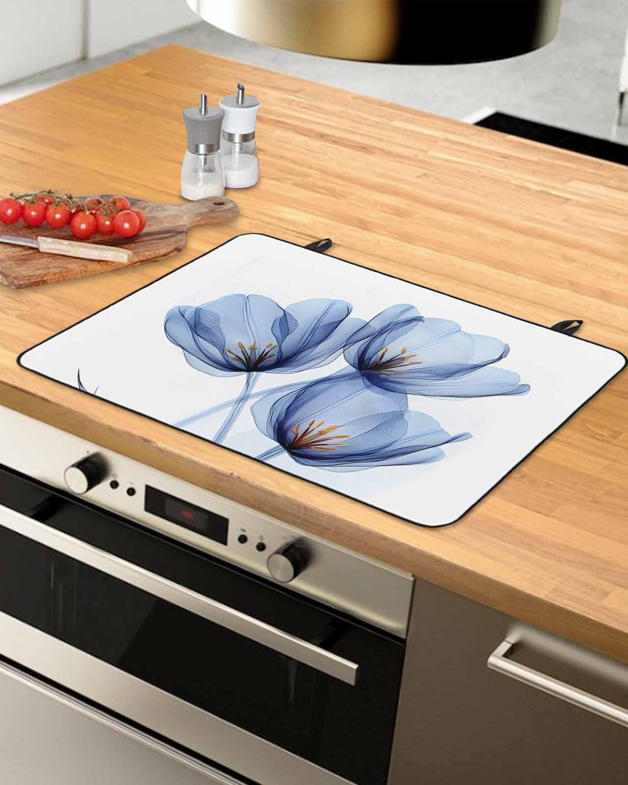 nqOlkjepod Large Induction Cooktop Protector Mat 36"x21", Light Blue Tulip Stove Top Covers for Electric Stove, Elegant Modern Rustic Botanical Floral Stove Burner Cover Mats, Glass Top Stove Cover