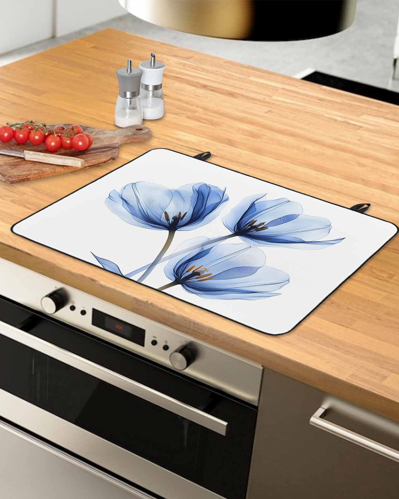 nqOlkjepod Large Induction Cooktop Protector Mat 36"x21", Light Blue Tulip Stove Top Covers for Electric Stove, Spring Modern Rustic Floral Botanical Stove Burner Cover Mats, Glass Top Stove Cover