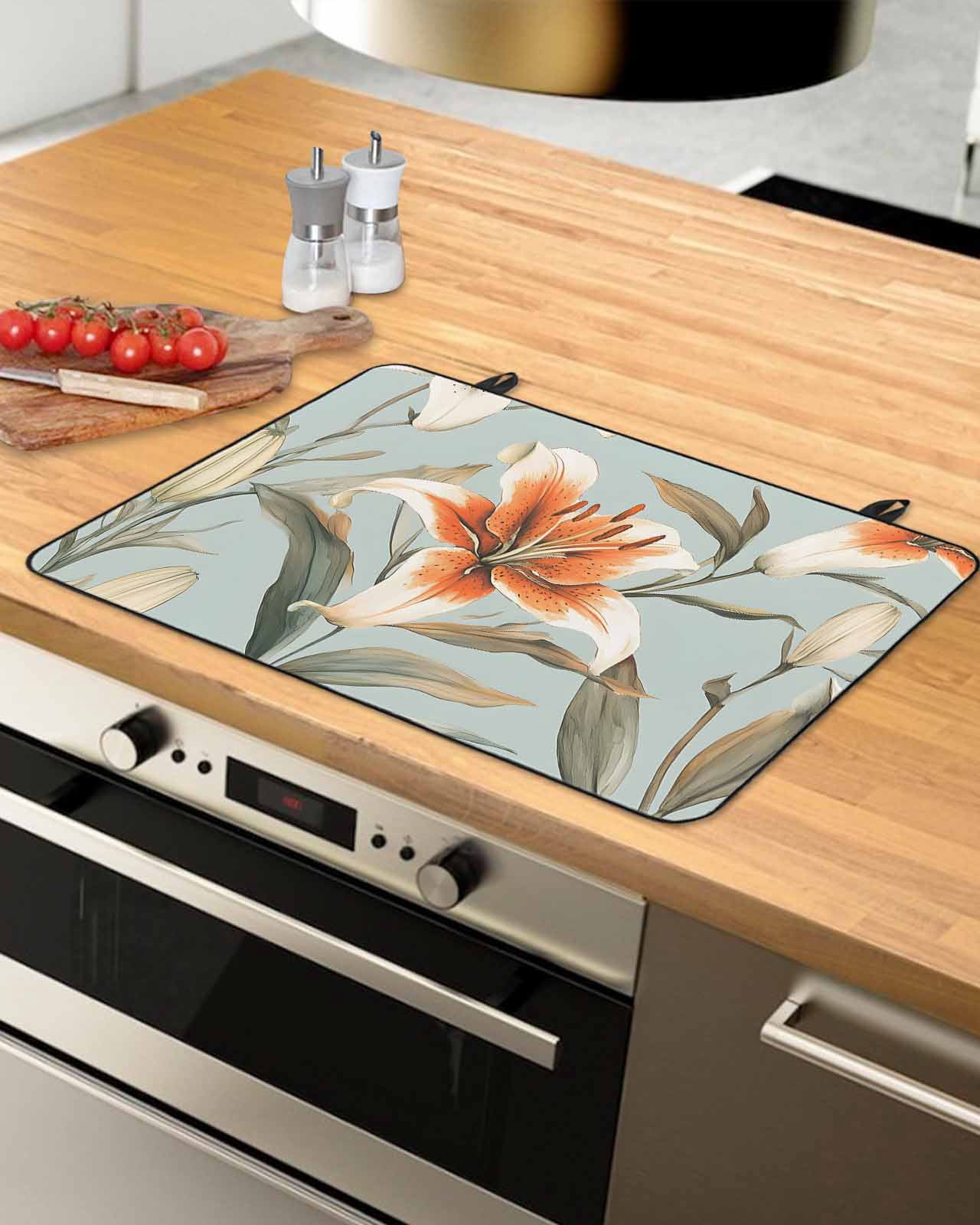 nqOlkjepod Large Induction Cooktop Protector Mat 36"x21", Lily Flower Stove Top Covers for Electric Stove, Watercolor Country Blooms Spring Botanical Art Stove Burner Cover Mats Stove Cover