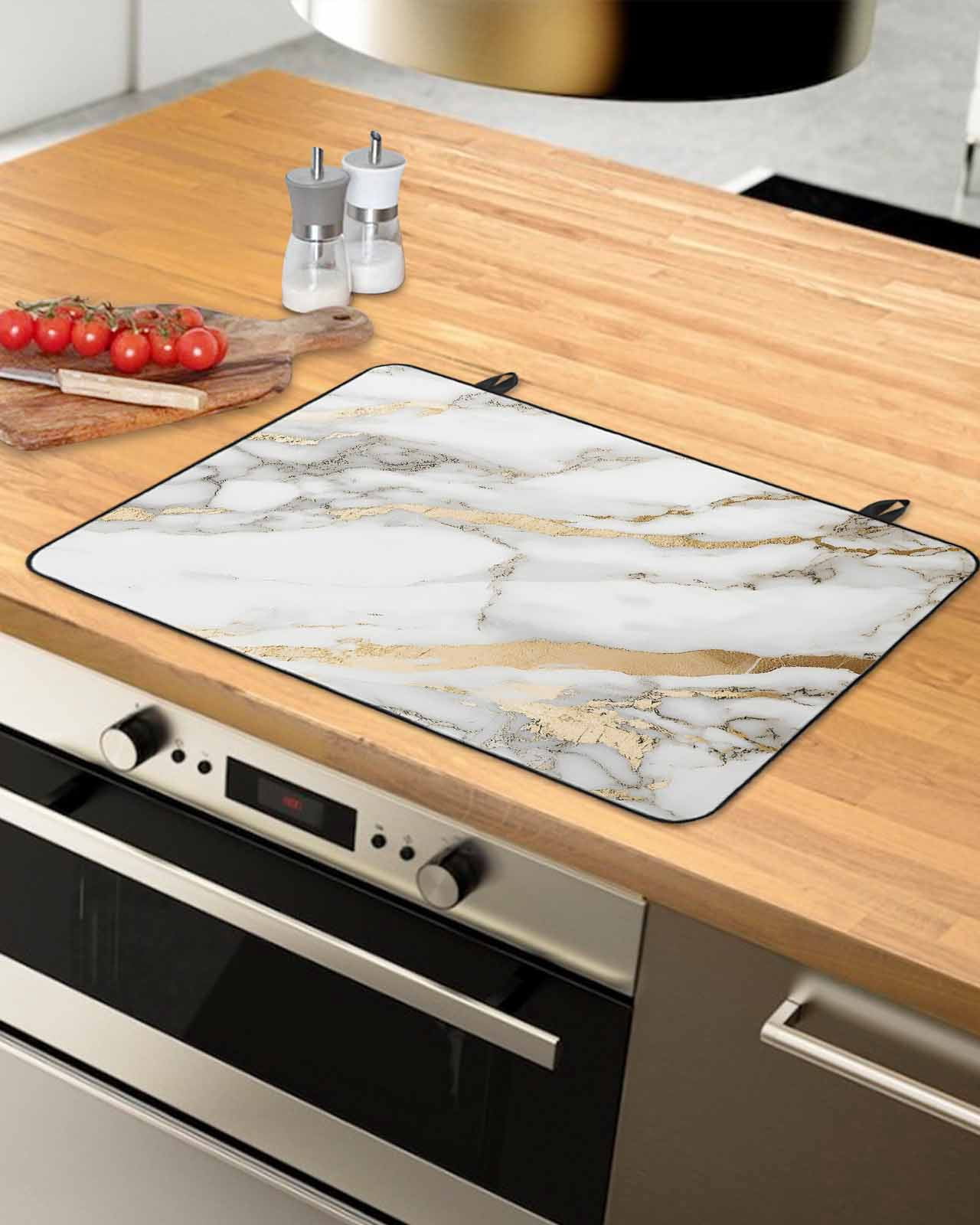 nqOlkjepod Large Induction Cooktop Protector Mat 36"x21", Marble White Stove Top Covers for Electric Stove, Abstract Yellow Crack Artwork Decorative Stove Burner Cover Mats, Glass Top Stove Cover