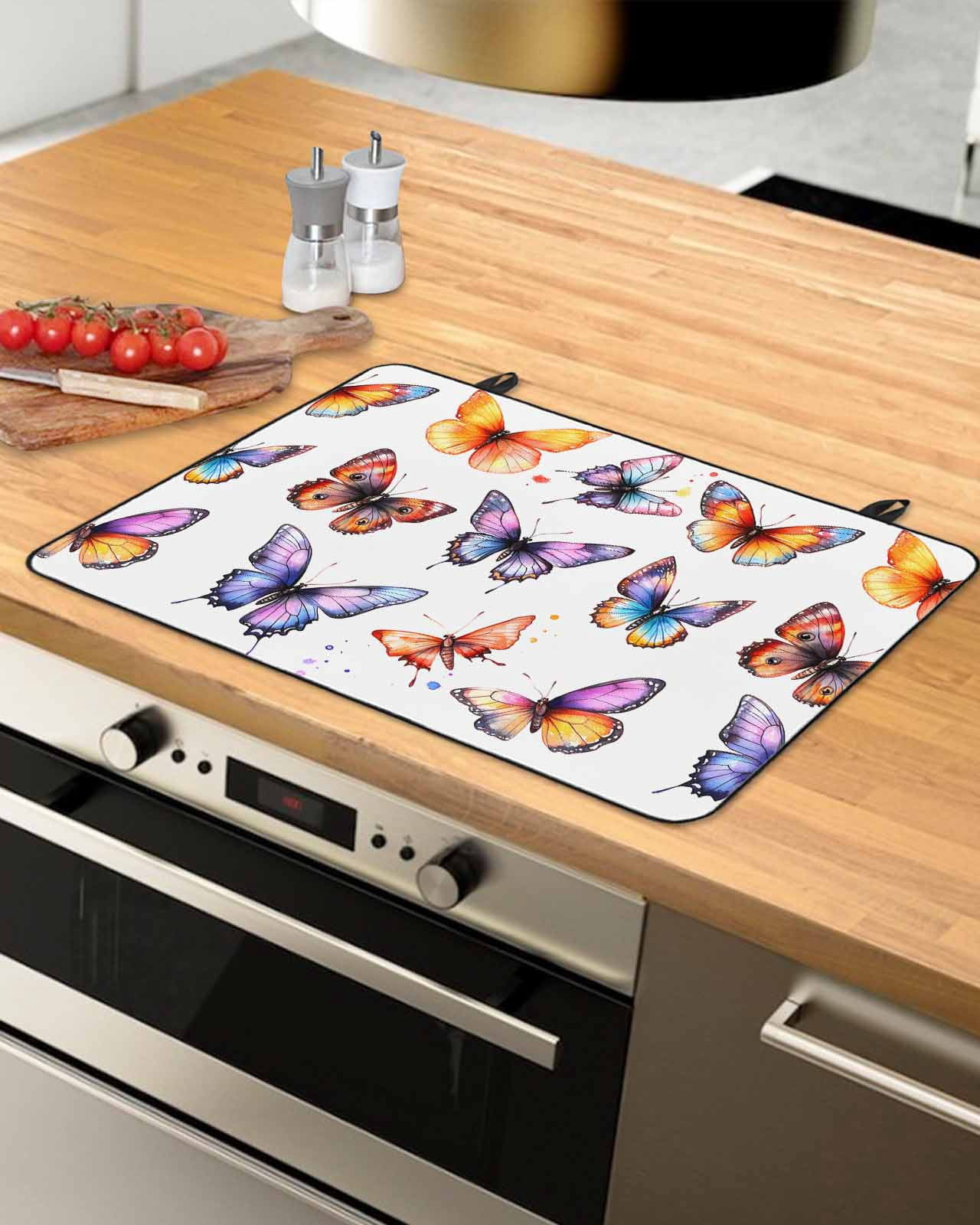 nqOlkjepod Large Induction Cooktop Protector Mat 36"x21", Modern Butterfly Stove Top Covers for Electric Stove, Spring Summer Watercolor Rustic Stove Burner Cover Mats, Glass Top Stove Cover