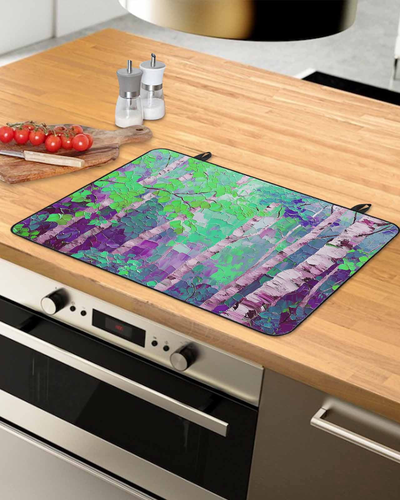 nqOlkjepod Large Induction Cooktop Protector Mat 36"x21", Modern Oil Painting Stove Top Covers for Electric Stove, Summer Botanical Purple Green Stove Burner Cover Mats, Glass Top Stove Cover