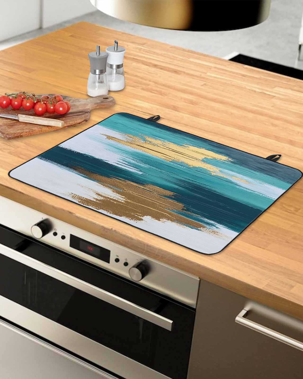 nqOlkjepod Large Induction Cooktop Protector Mat 36"x21", Modern Teal Green Stove Top Covers for Electric Stove, Abstract White Gold Oil Painting Stove Burner Cover Mats, Glass Top Stove Cover