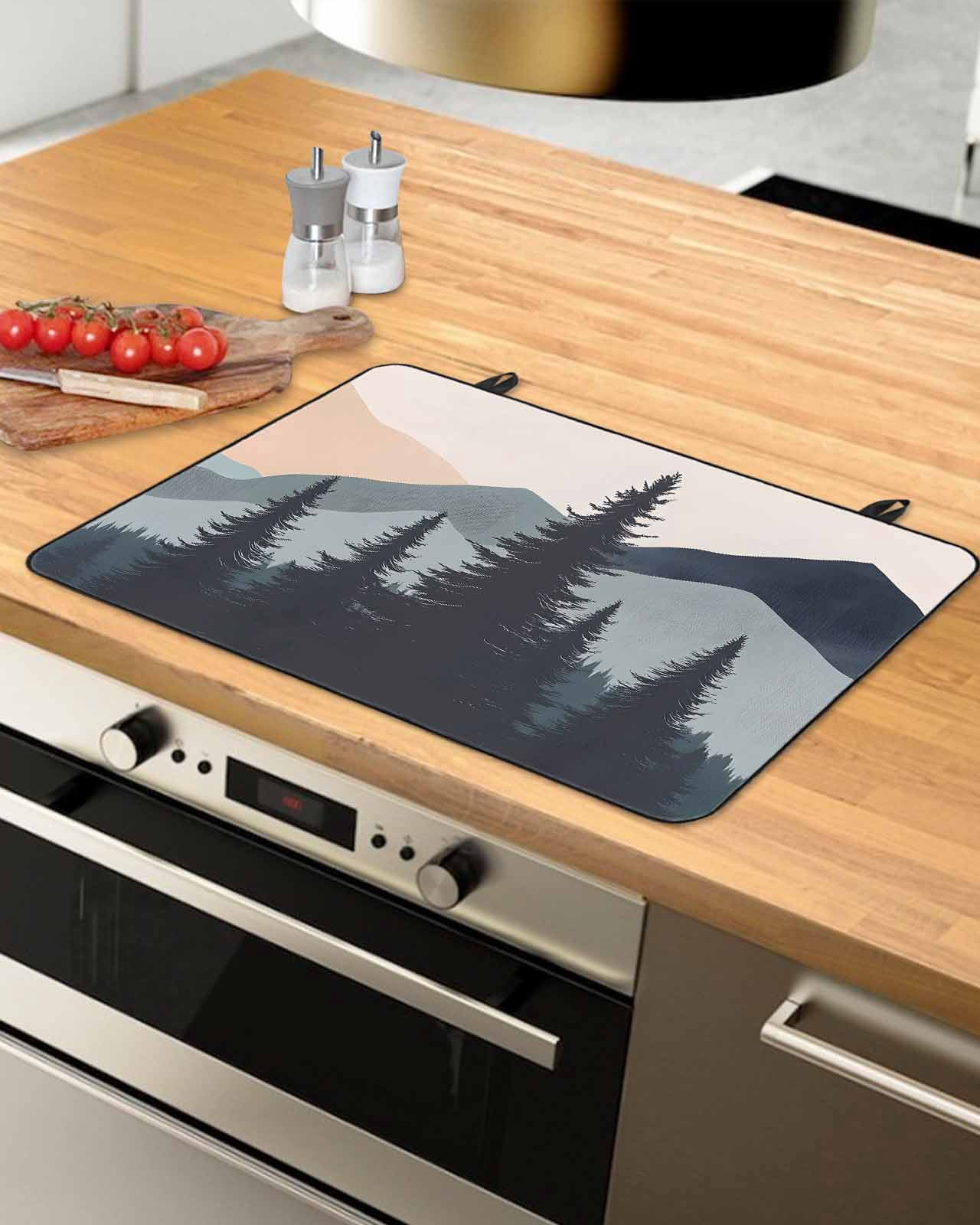 nqOlkjepod Large Induction Cooktop Protector Mat 36"x21", Mountain Forest Stove Top Covers for Electric Stove, Nature Tree Scenery Watercolor Pink Blue Stove Burner Cover Mats, Glass Top Stove Cover