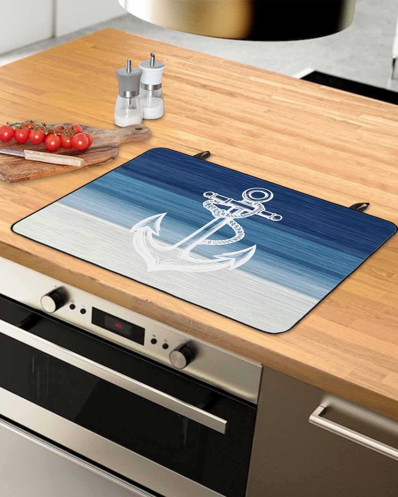 nqOlkjepod Large Induction Cooktop Protector Mat 36"x21", Nautical Anchor Navy Blue Stove Top Covers for Electric Stove, Coastal Ocean Ombre Striped Stove Burner Cover Mats, Glass Top Stove Cover
