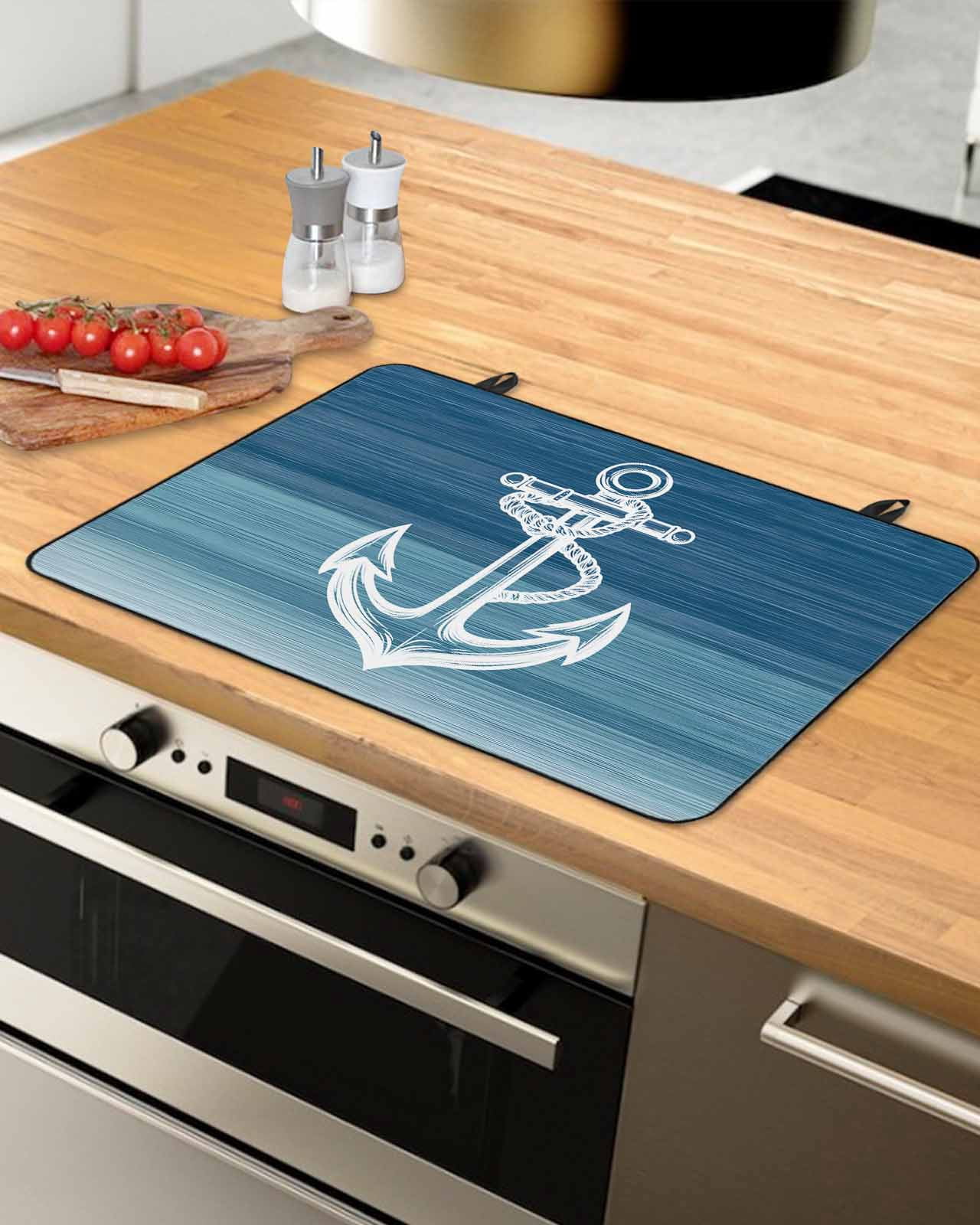 nqOlkjepod Large Induction Cooktop Protector Mat 36"x21", Nautical White Anchor Stove Top Covers for Electric Stove, Blue Gradient Ocean Abstract Stove Burner Cover Mats, Glass Top Stove Cover