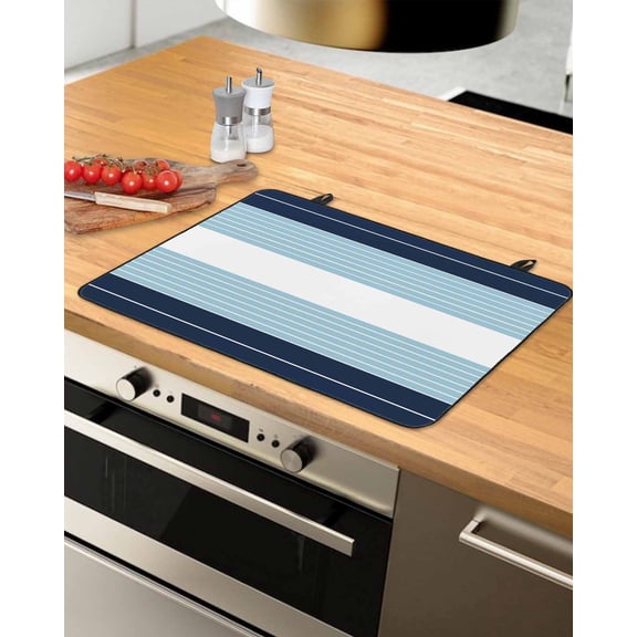nqOlkjepod Large Induction Cooktop Protector Mat 36"x21", Navy Blue Aqua Stripe Stove Top Covers for Electric Stove, Modern Art Horizontal Striped Stove Burner Cover Mats, Glass Top Stove Cover