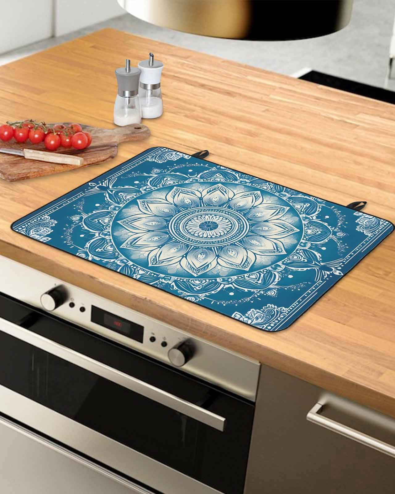 nqOlkjepod Large Induction Cooktop Protector Mat 36"x21", Navy Blue Boho Stove Top Covers for Electric Stove, Southwestern Floral Ethnic Tribal Abstract Stove Burner Cover Mats Stove Cover