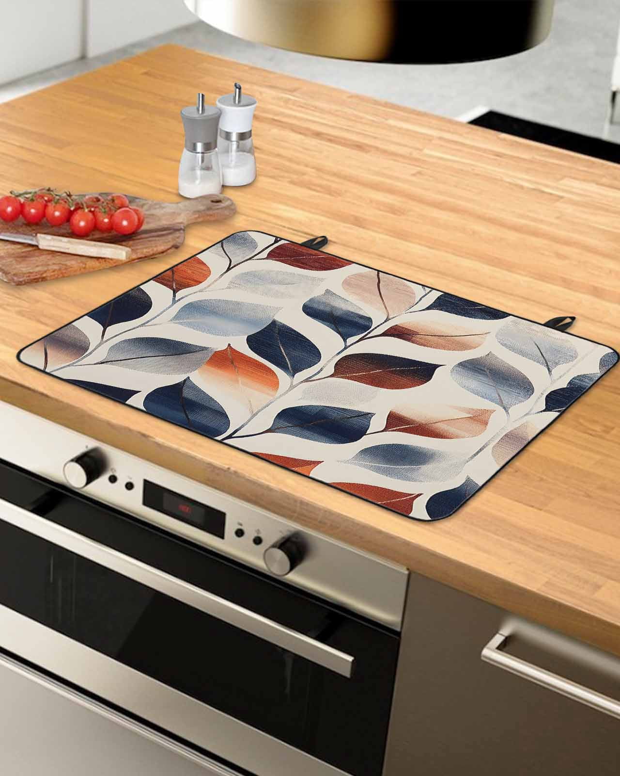 nqOlkjepod Large Induction Cooktop Protector Mat 36"x21", Navy Blue Burnt Orange Botanical Stove Top Covers for Electric Stove, Vintage Leaves Stove Burner Cover Mats, Glass Top Stove Cover