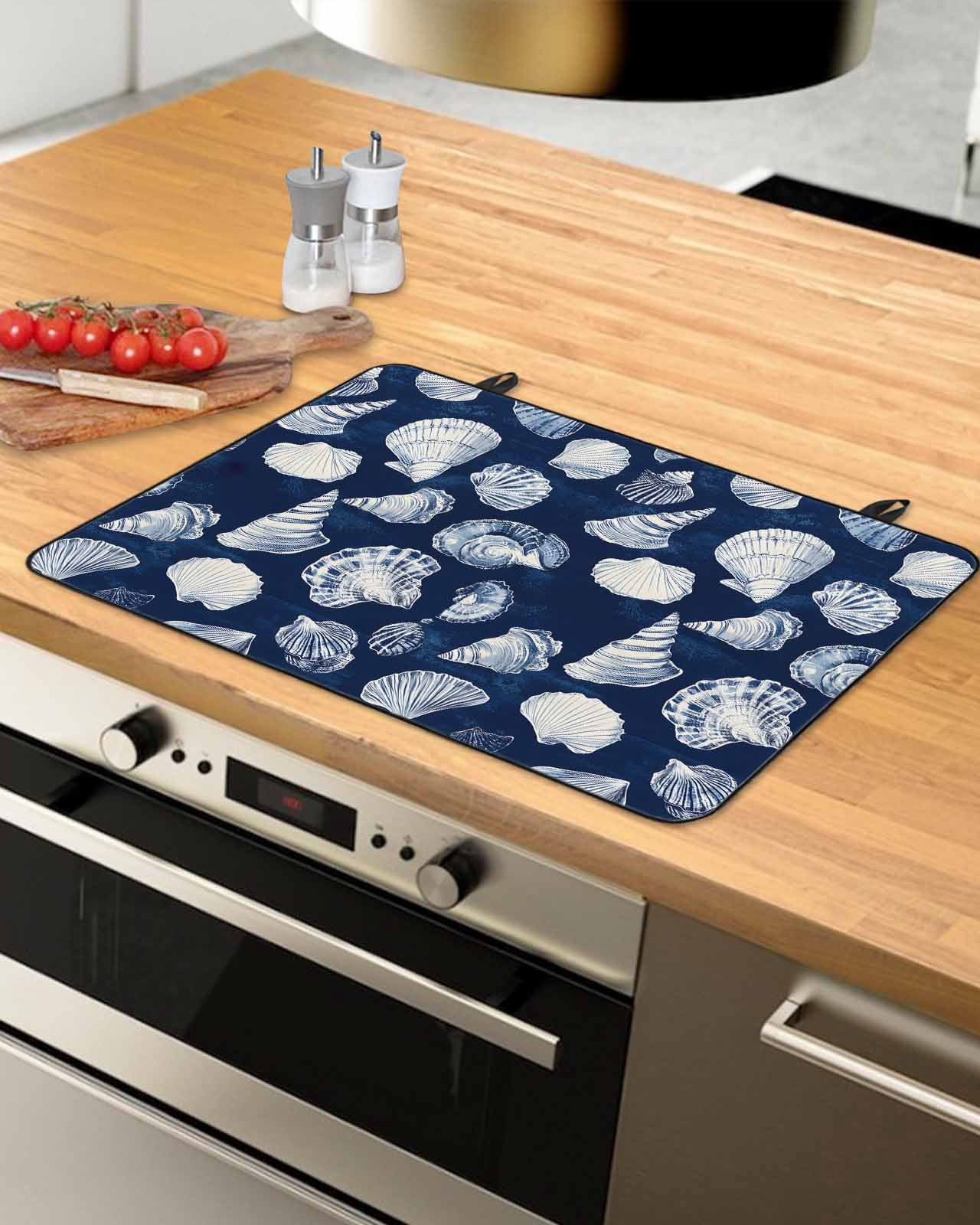 nqOlkjepod Large Induction Cooktop Protector Mat 36"x21", Navy Blue Coastal Stove Top Covers for Electric Stove, Shell Conch Summer Beach Nautical Stove Burner Cover Mats, Glass Top Stove Cover