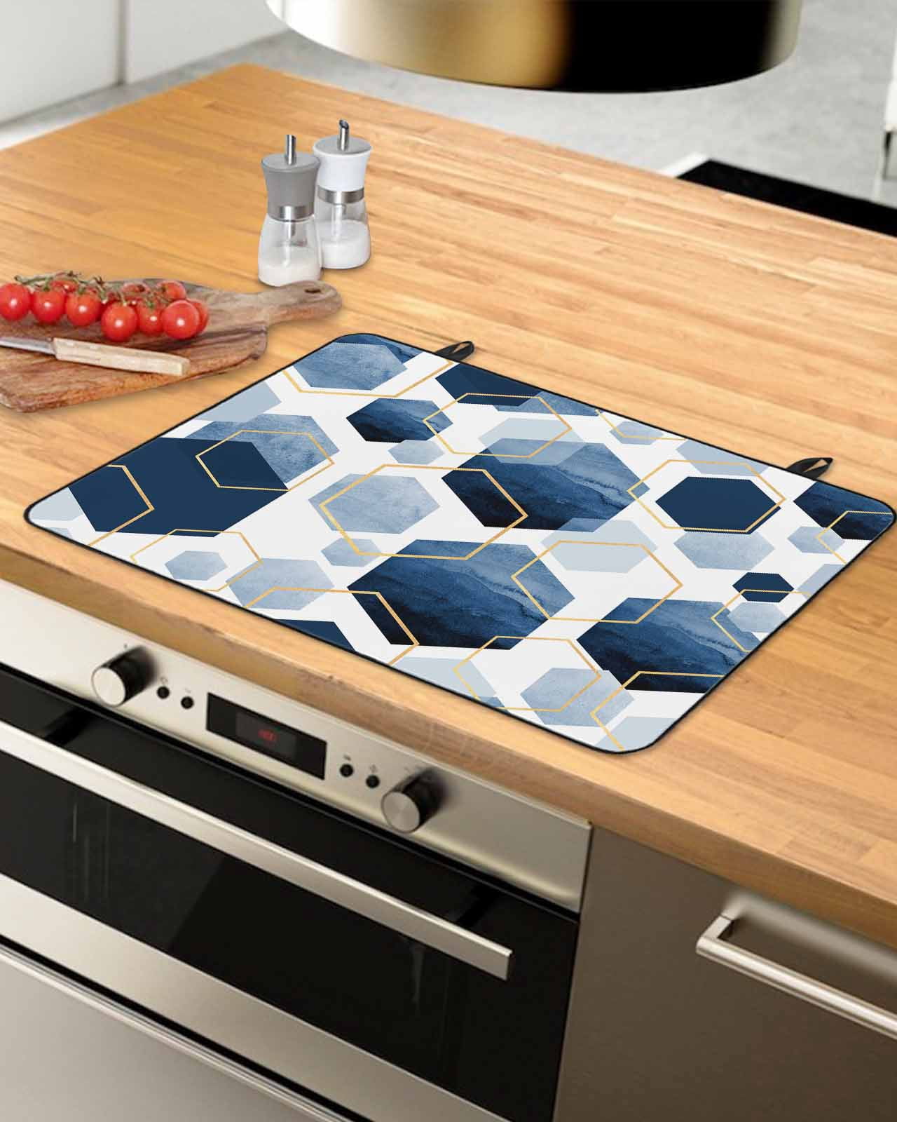 nqOlkjepod Large Induction Cooktop Protector Mat 36"x21", Navy Blue Geometric Stove Top Covers for Electric Stove, Gold White Hexagon Modern Decorative Stove Burner Cover Mats, Glass Top Stove Cover