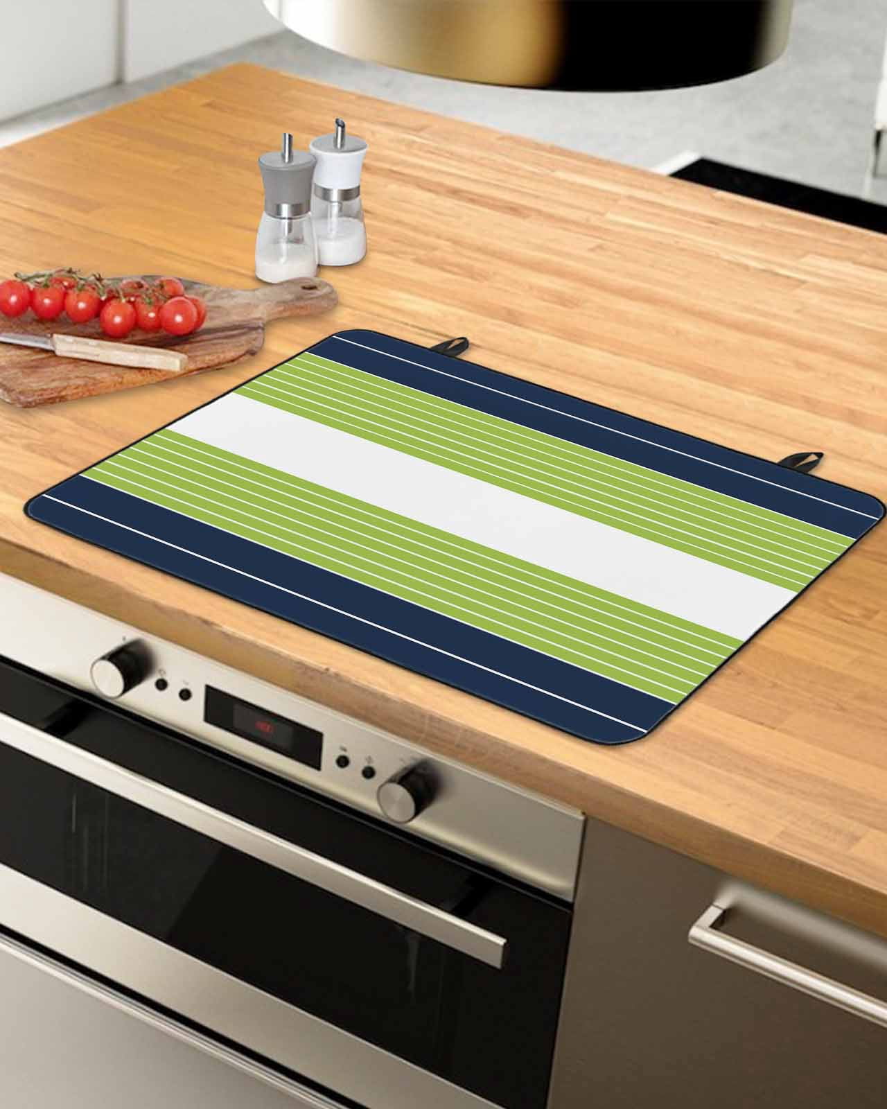 nqOlkjepod Large Induction Cooktop Protector Mat 36"x21", Navy Blue Green Stripe Stove Top Covers for Electric Stove, Modern Art Horizontal Striped Stove Burner Cover Mats, Glass Top Stove Cover