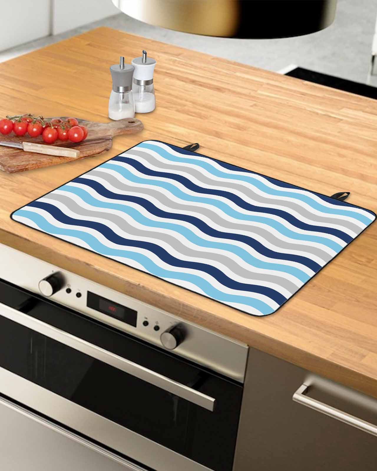 nqOlkjepod Large Induction Cooktop Protector Mat 36"x21", Navy Blue Grey Stove Top Covers for Electric Stove, Abstract Geometric Ocean Wave Stripe Stove Burner Cover Mats, Glass Top Stove Cover