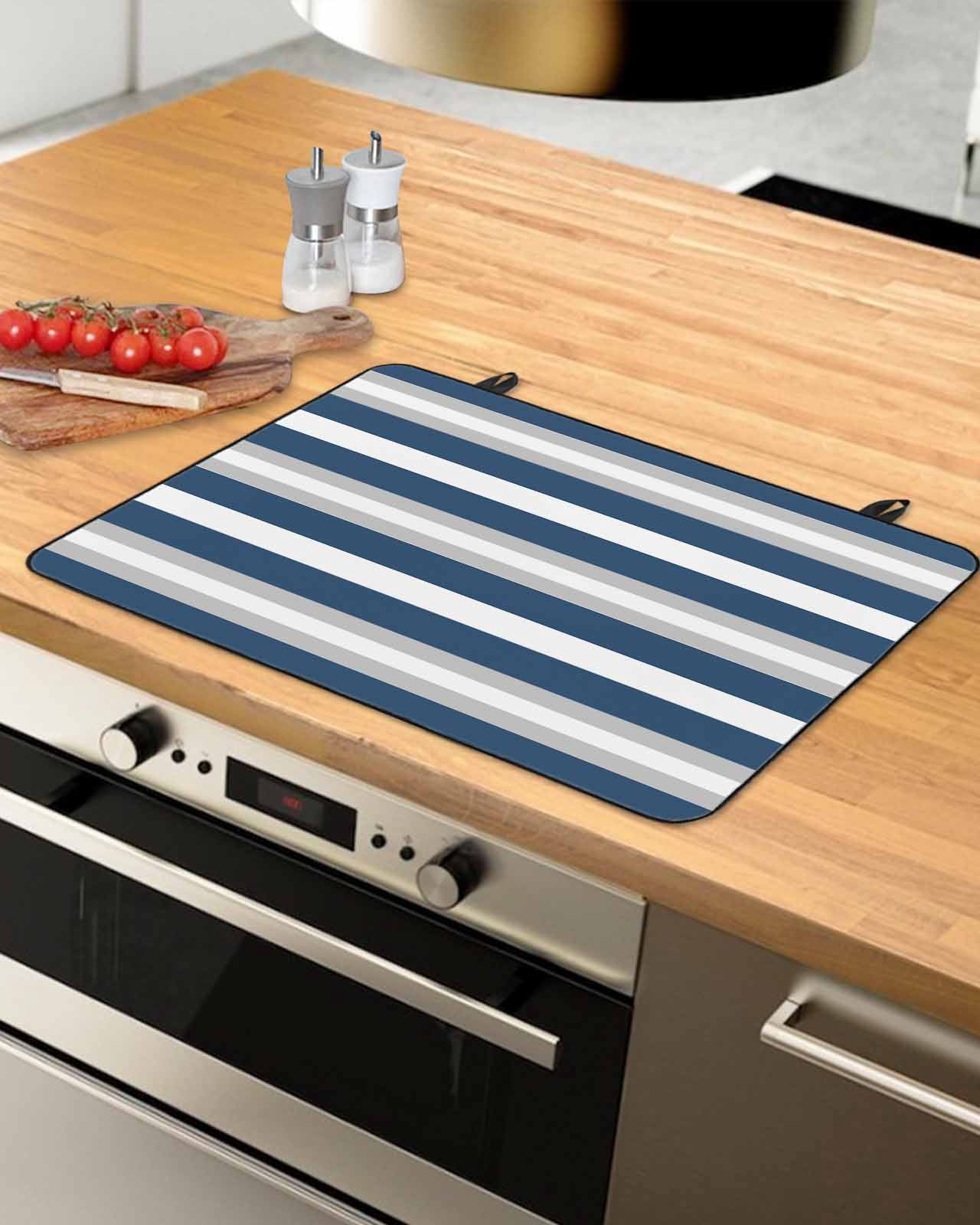 nqOlkjepod Large Induction Cooktop Protector Mat 36"x21", Navy Blue Grey Stripe Stove Top Covers for Electric Stove, Minimalist Farmhouse Striped Stove Burner Cover Mats, Glass Top Stove Cover