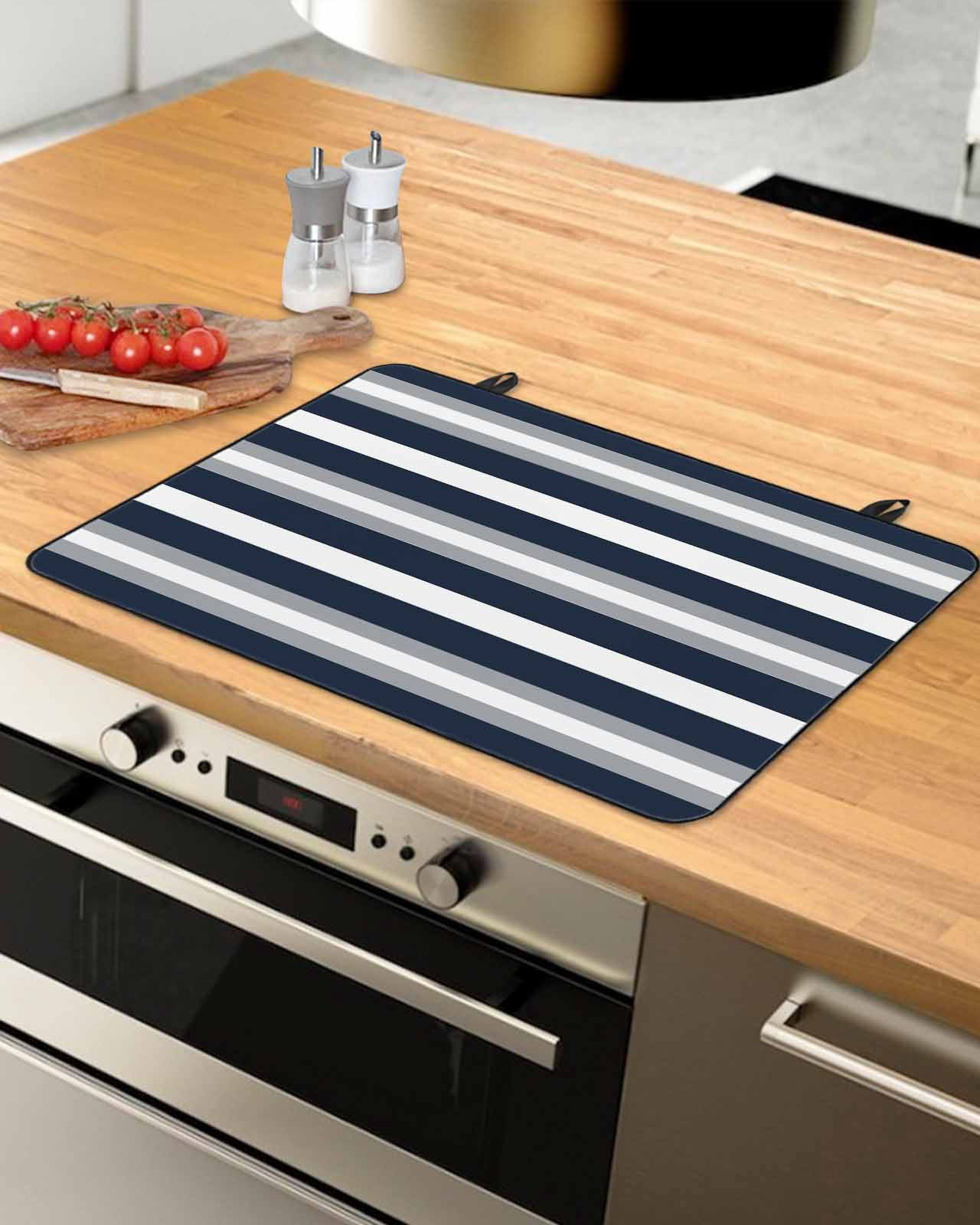 nqOlkjepod Large Induction Cooktop Protector Mat 36"x21", Navy Blue Grey Striped Stove Top Covers for Electric Stove, Farmhouse Stripes Minimalist Stove Burner Cover Mats, Glass Top Stove Cover