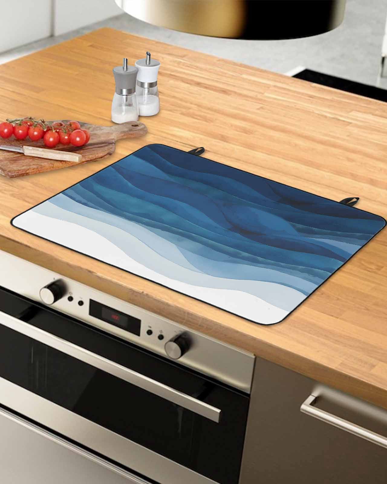 nqOlkjepod Large Induction Cooktop Protector Mat 36"x21", Navy Blue Ombre Stove Top Covers for Electric Stove, Modern Moire Gradient Watercolor Stove Burner Cover Mats, Glass Top Stove Cover