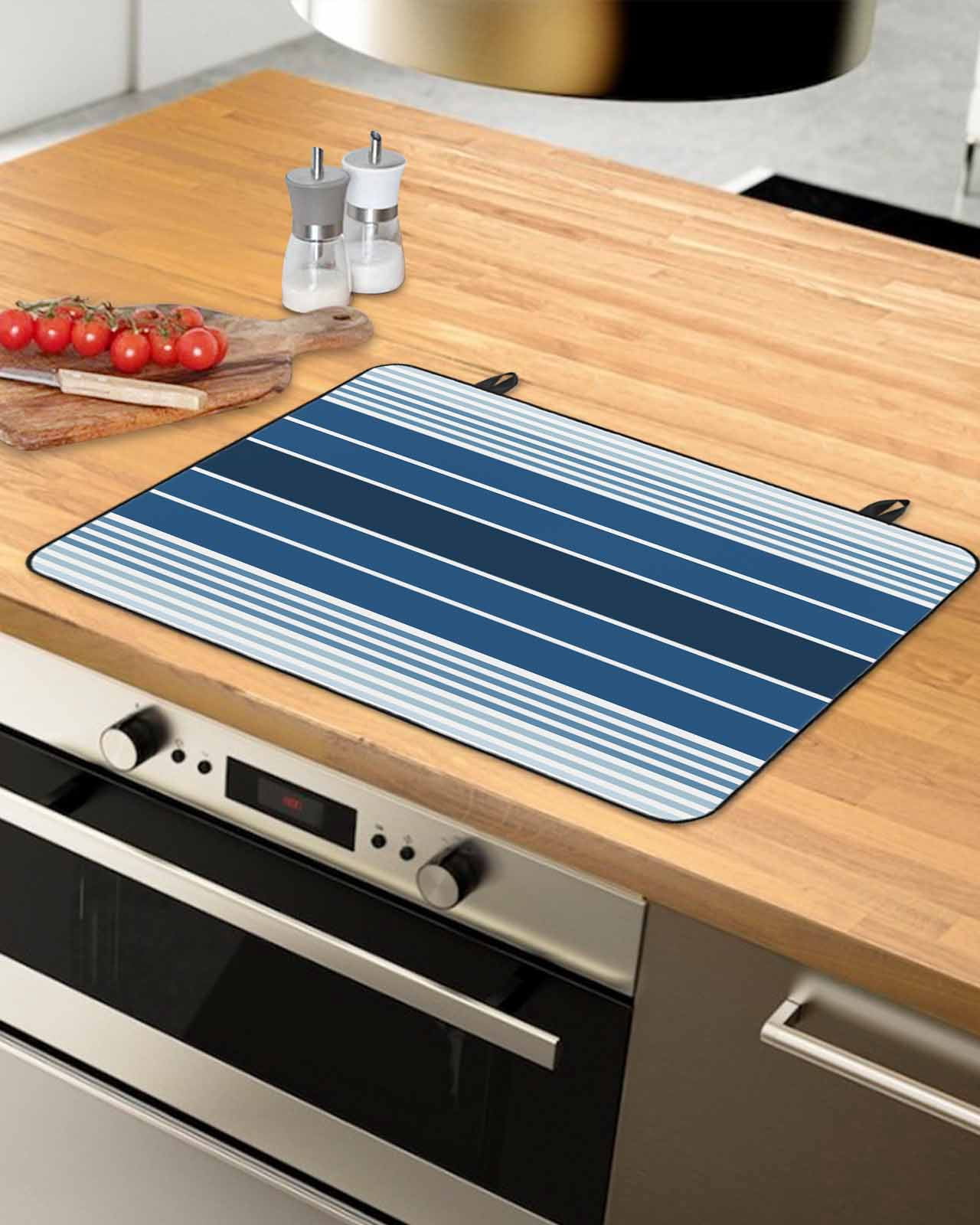 nqOlkjepod Large Induction Cooktop Protector Mat 36"x21", Navy Blue Ombre Stripe Stove Top Covers for Electric Stove, Farmhouse Striped Gradient Stove Burner Cover Mats, Glass Top Stove Cover