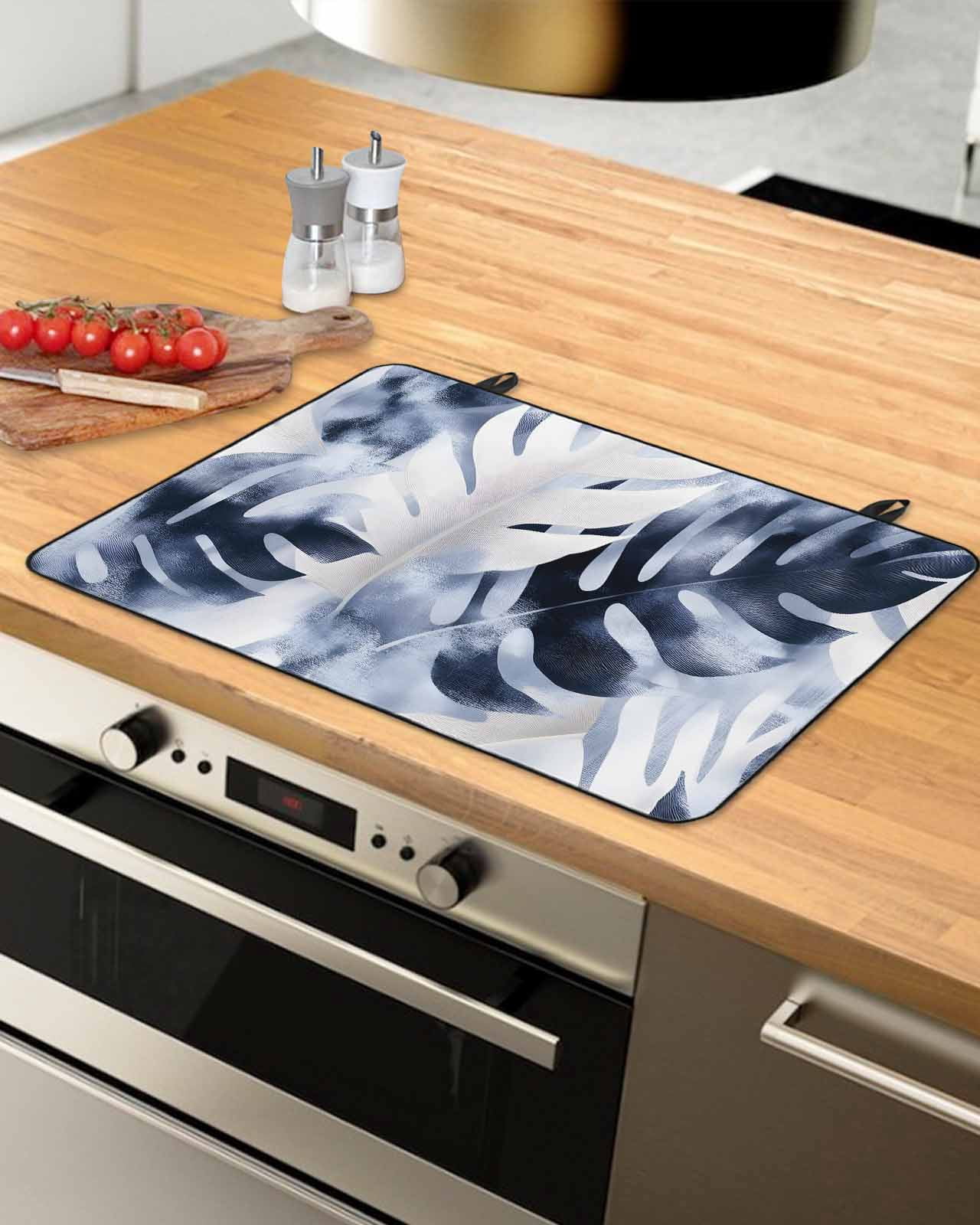 nqOlkjepod Large Induction Cooktop Protector Mat 36"x21", Navy Blue Palm Leaves Stove Top Covers for Electric Stove, Tropical Botanical Vintage Stove Burner Cover Mats, Glass Top Stove Cover