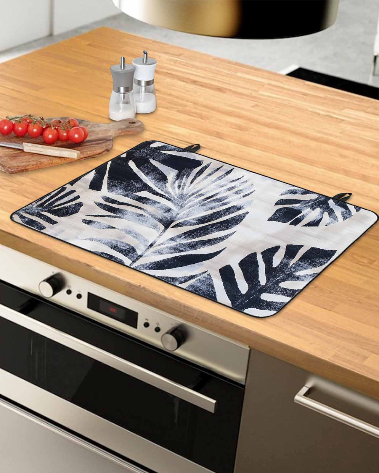nqOlkjepod Large Induction Cooktop Protector Mat 36"x21", Navy Blue Palm Leaves Stove Top Covers for Electric Stove, Vintage Tropical Botanical Stove Burner Cover Mats, Glass Top Stove Cover